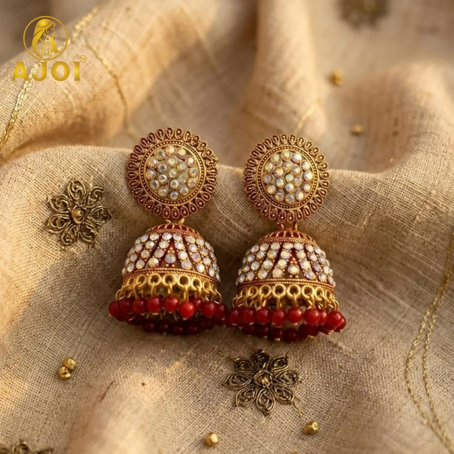 Elegant Gold-Plated Pearl Jhumka Earrings with Red Bead Drops - Image 4