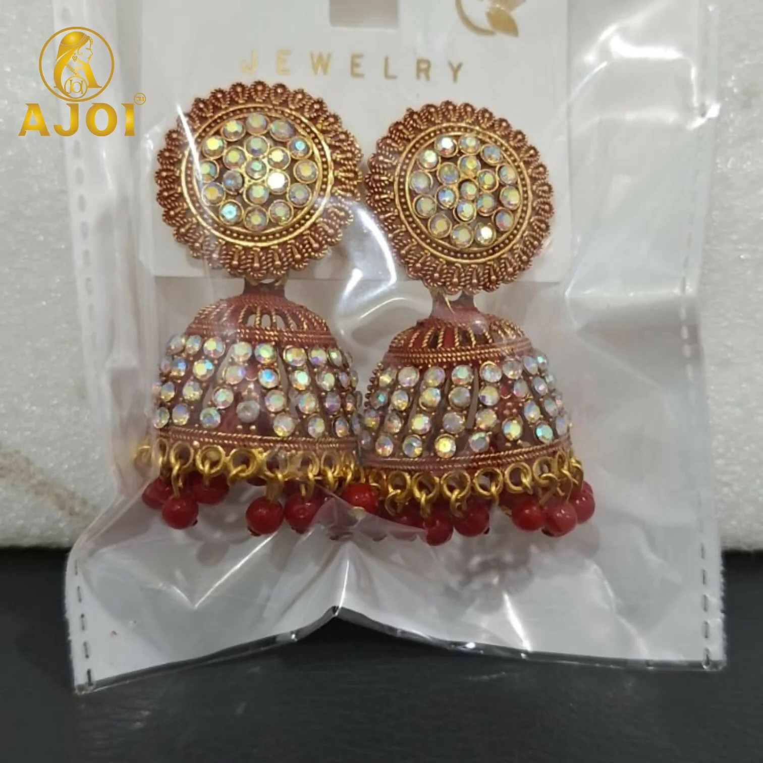 Elegant Gold-Plated Pearl Jhumka Earrings with Red Bead Drops - Image 5