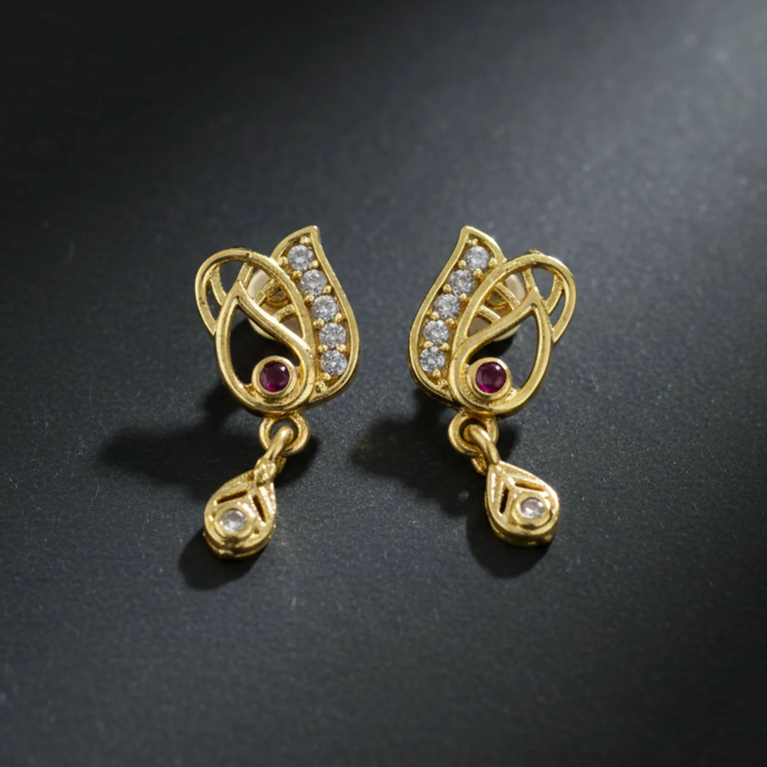 Elegant Gold Plated Stud Earrings with Ruby Accent & Drop Design - Image 2