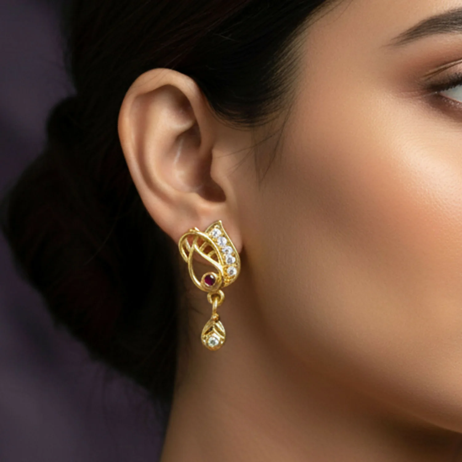 Elegant Gold Plated Stud Earrings with Ruby Accent & Drop Design - Image 3