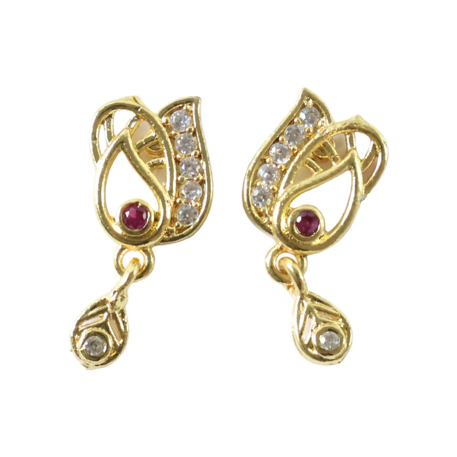 Elegant Gold Plated Stud Earrings with Ruby Accent & Drop Design - Image 4