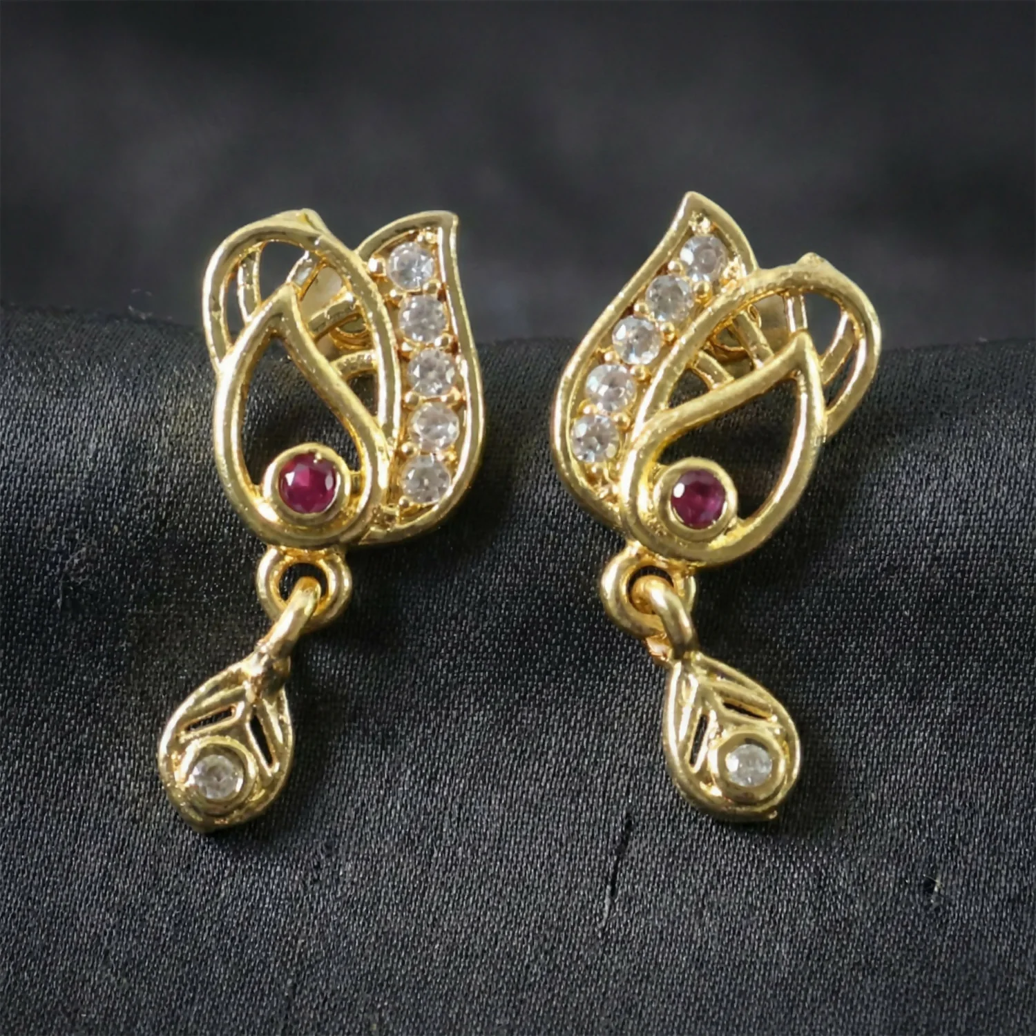 Elegant Gold Plated Stud Earrings with Ruby Accent & Drop Design - Image 5