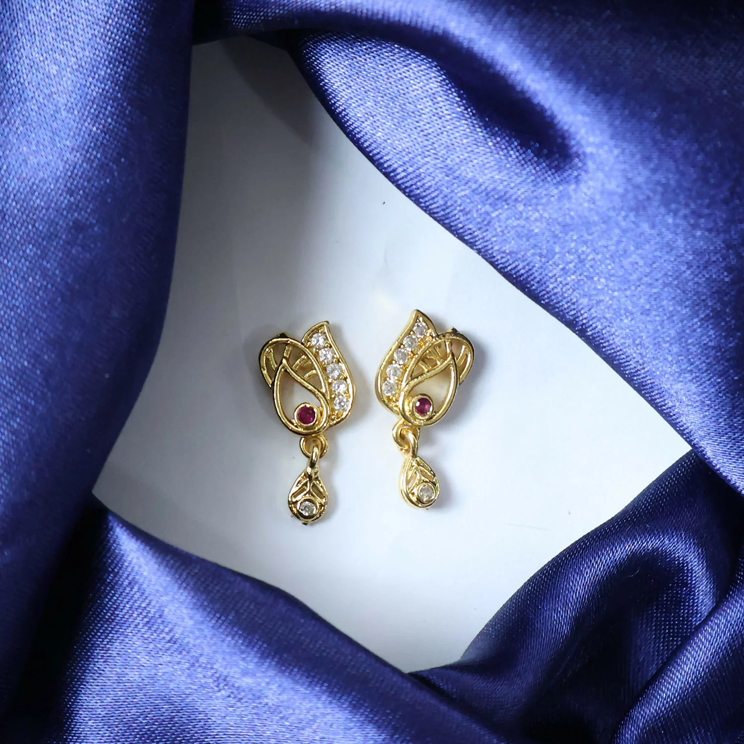 Elegant Gold Plated Stud Earrings with Ruby Accent & Drop Design - Image 6