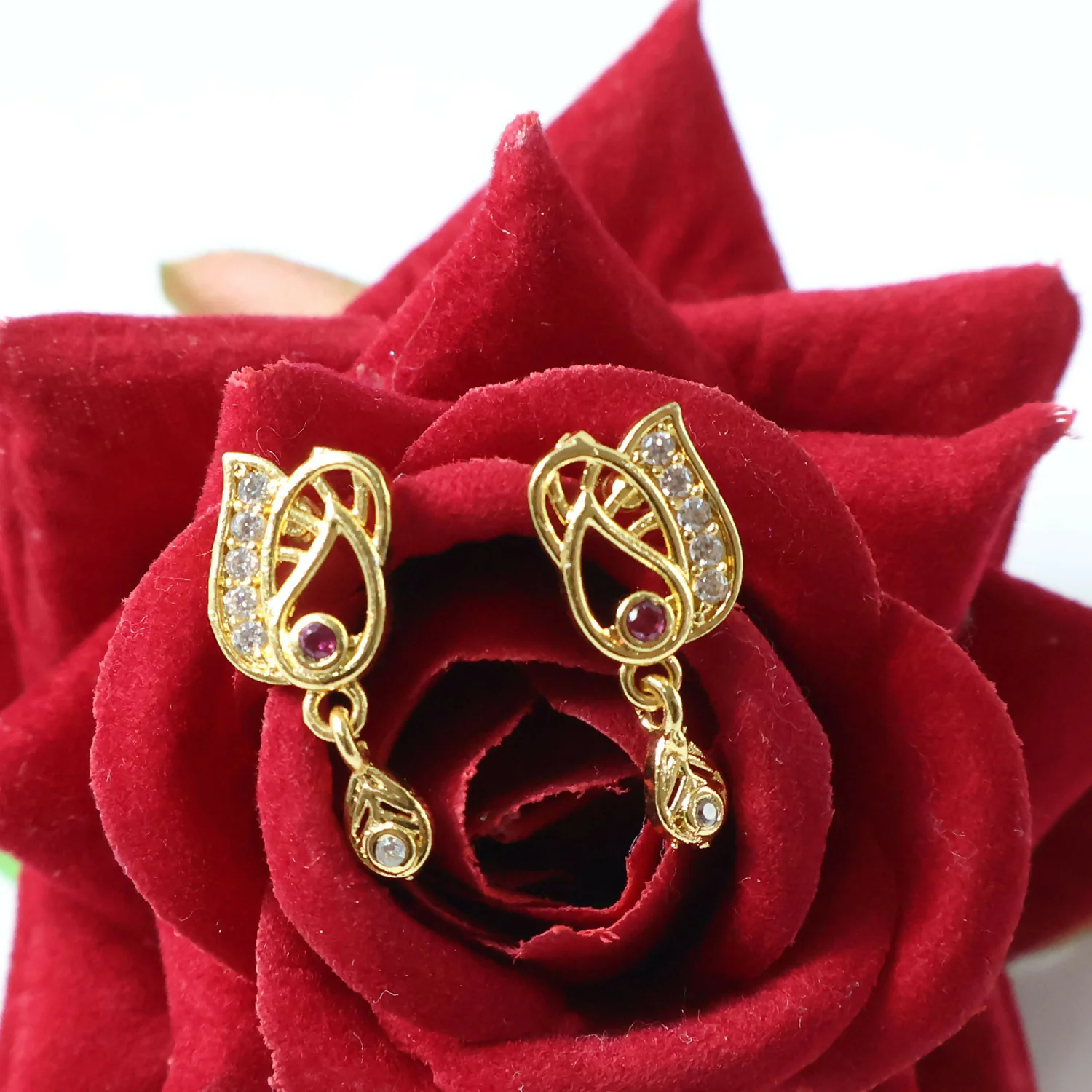 Elegant Gold Plated Stud Earrings with Ruby Accent & Drop Design - Image 7