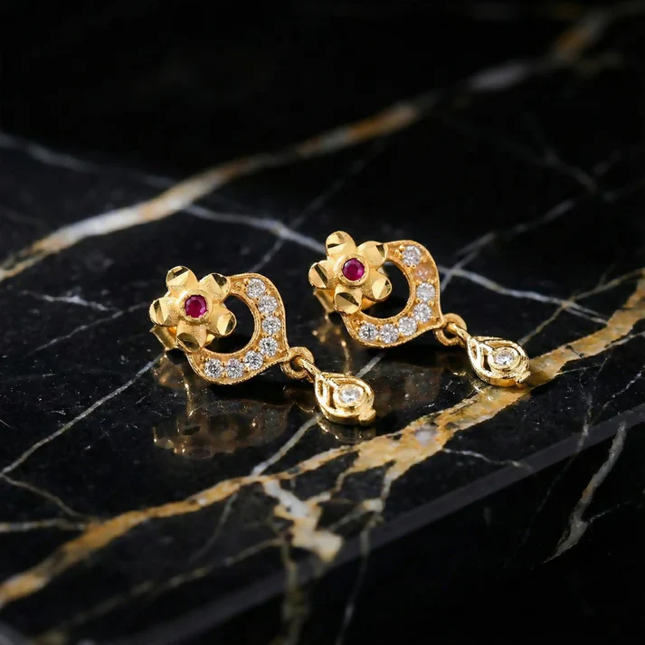 Elegant Gold Plated Stud Earrings with Ruby Accent & Drop Design - Image 2