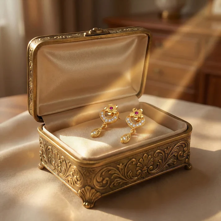 Elegant Gold Plated Stud Earrings with Ruby Accent & Drop Design - Image 3