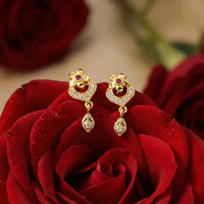 Elegant Gold Plated Stud Earrings with Ruby Accent & Drop Design - Image 4