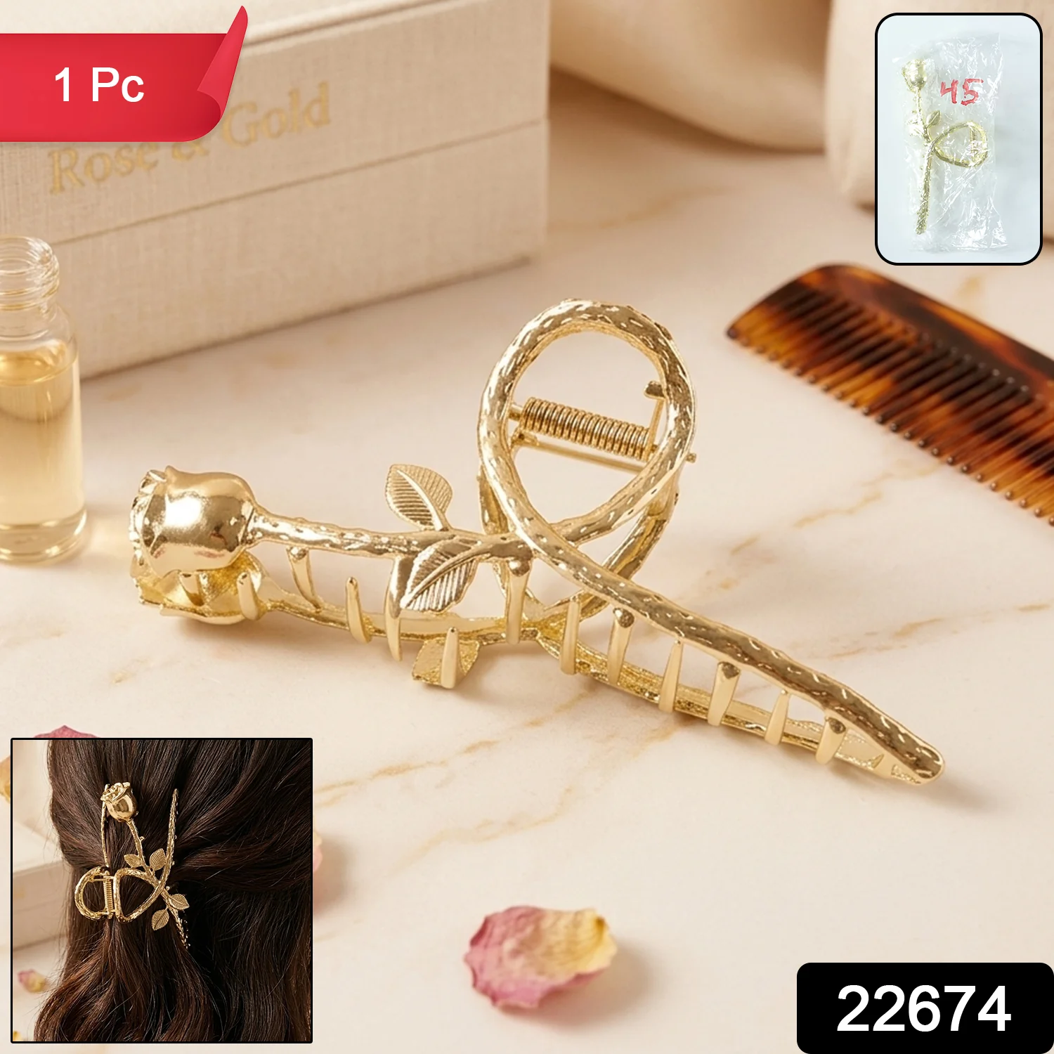 Elegant Gold Rose Design Hair Claw Clip (1 Pc) - Image 2