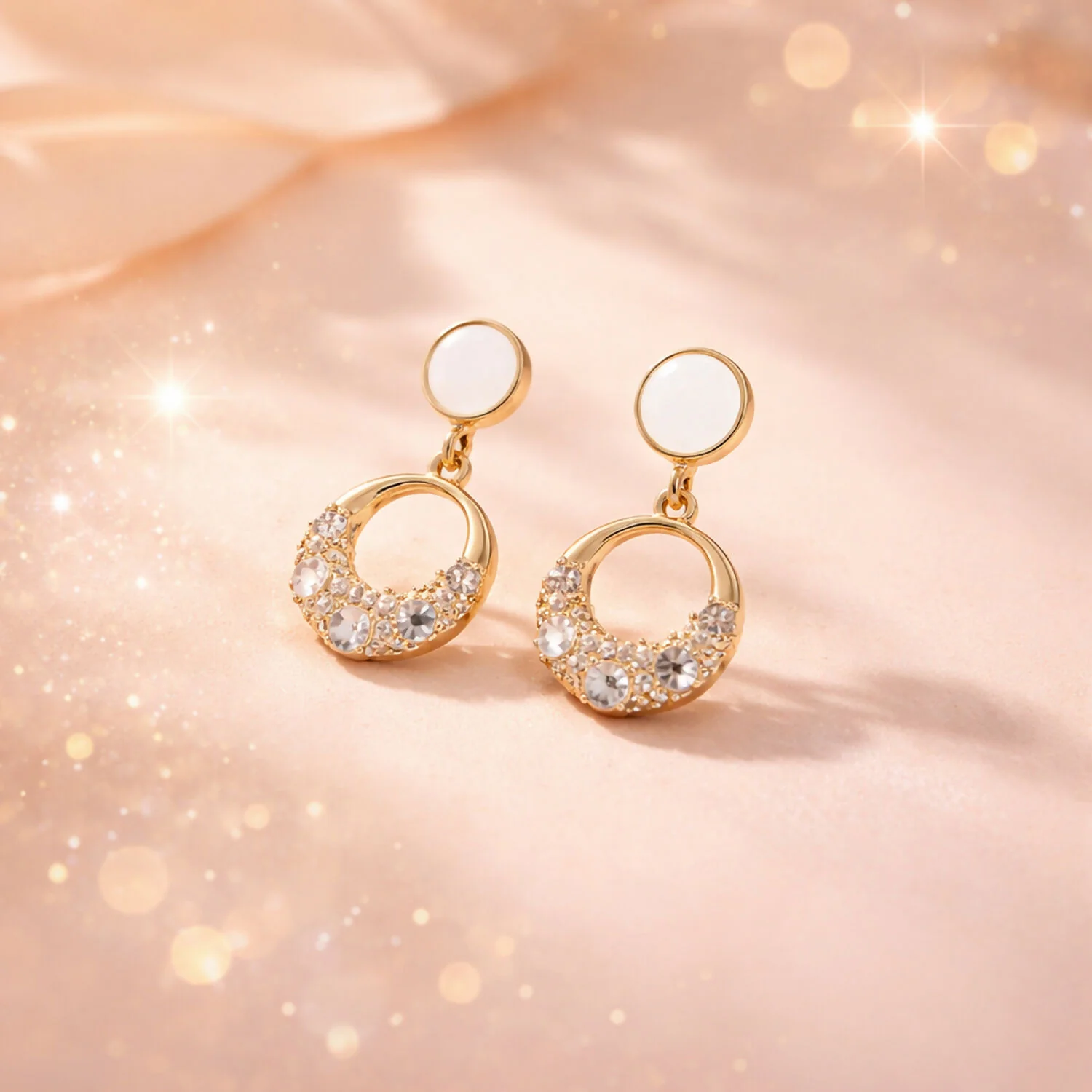 Elegant Gold Round Crystal Drop Earrings with Pearl Top Design for Women - Image 2