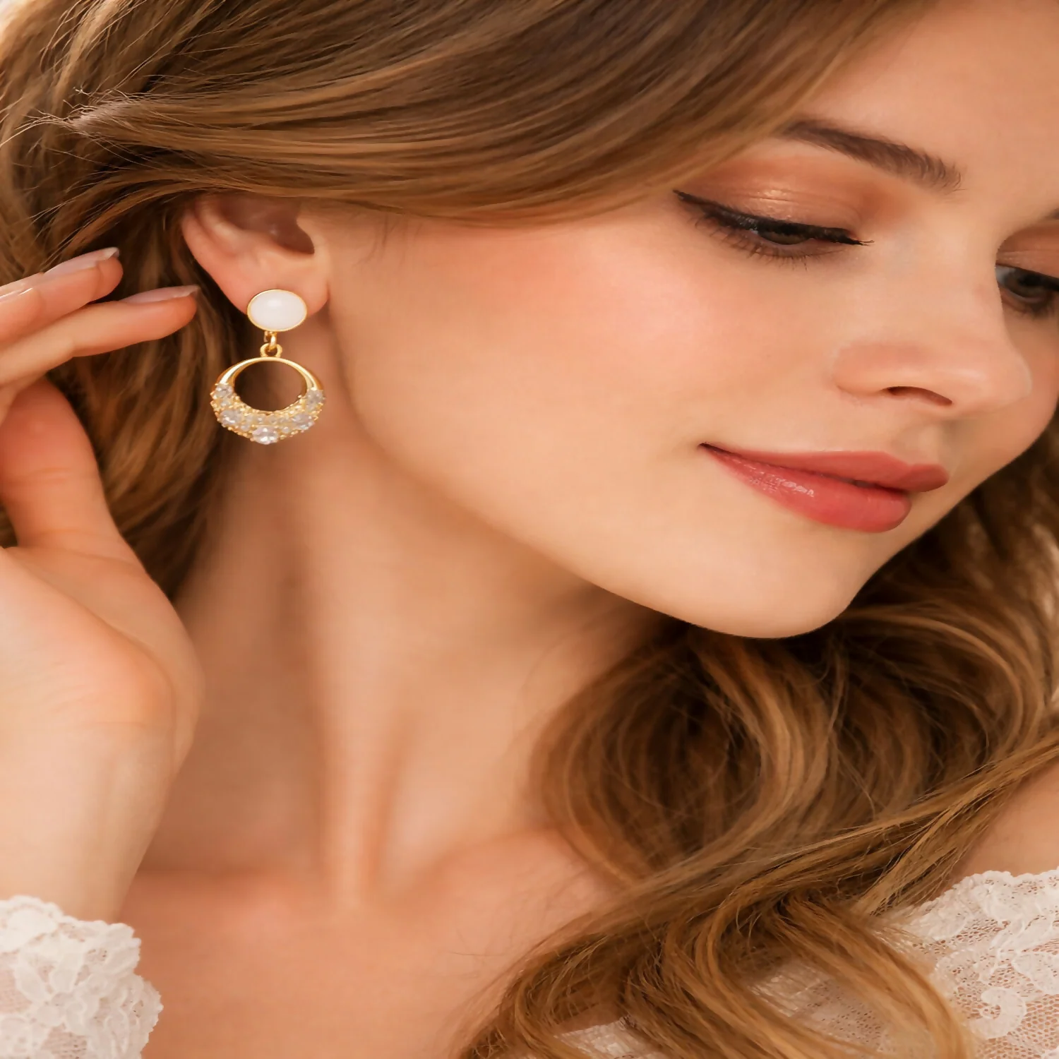 Elegant Gold Round Crystal Drop Earrings with Pearl Top Design for Women - Image 3