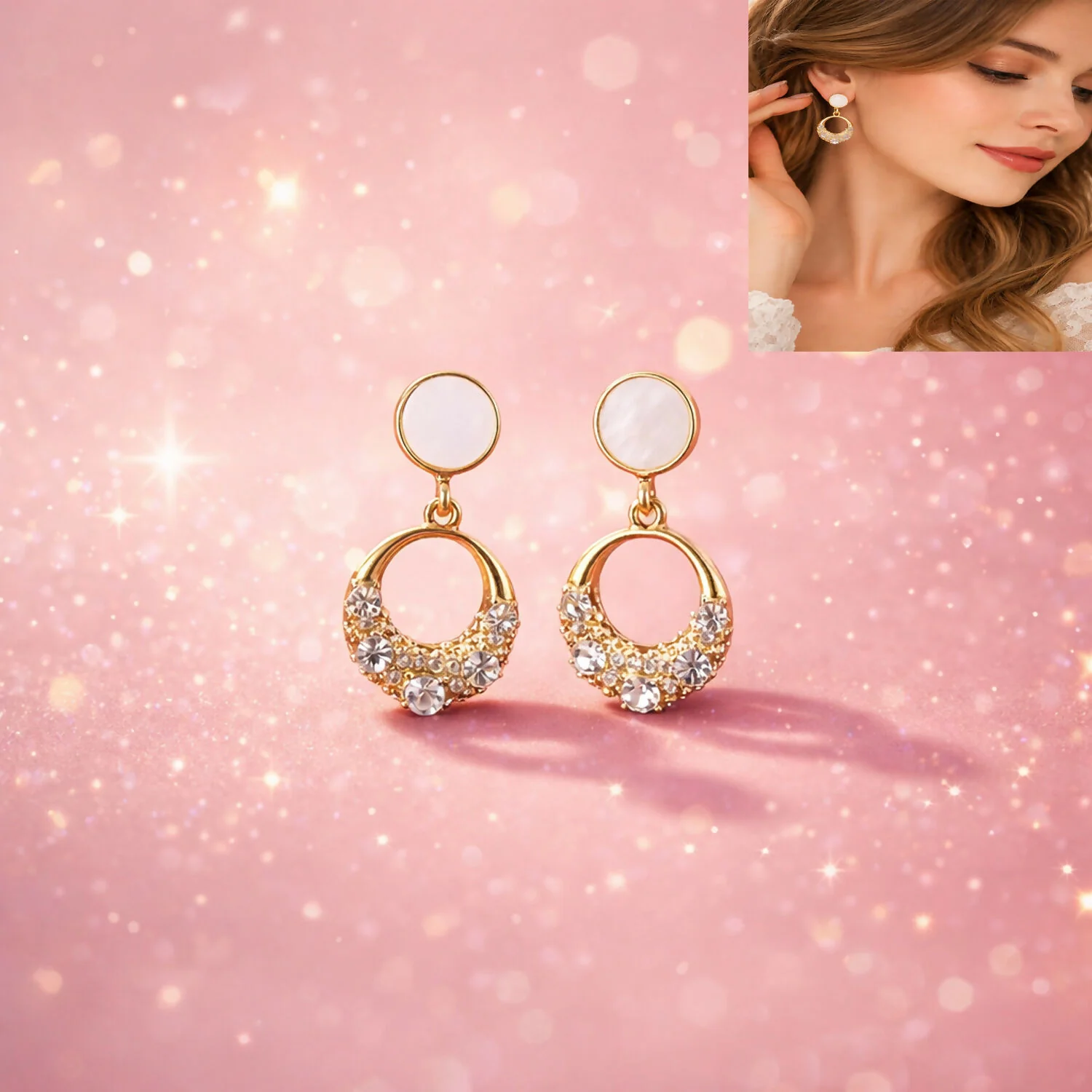 Elegant Gold Round Crystal Drop Earrings with Pearl Top Design for Women - Image 4