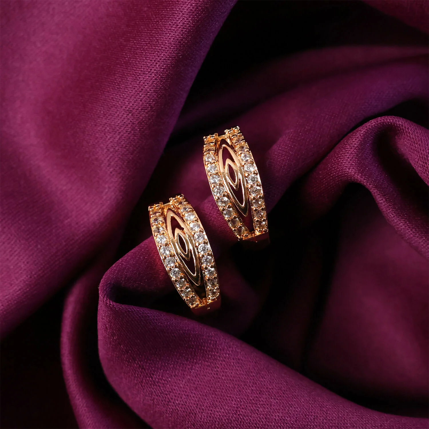 Elegant Gold-Tone CZ Studded Oval Hoop Earrings for Women & Girls - Image 2
