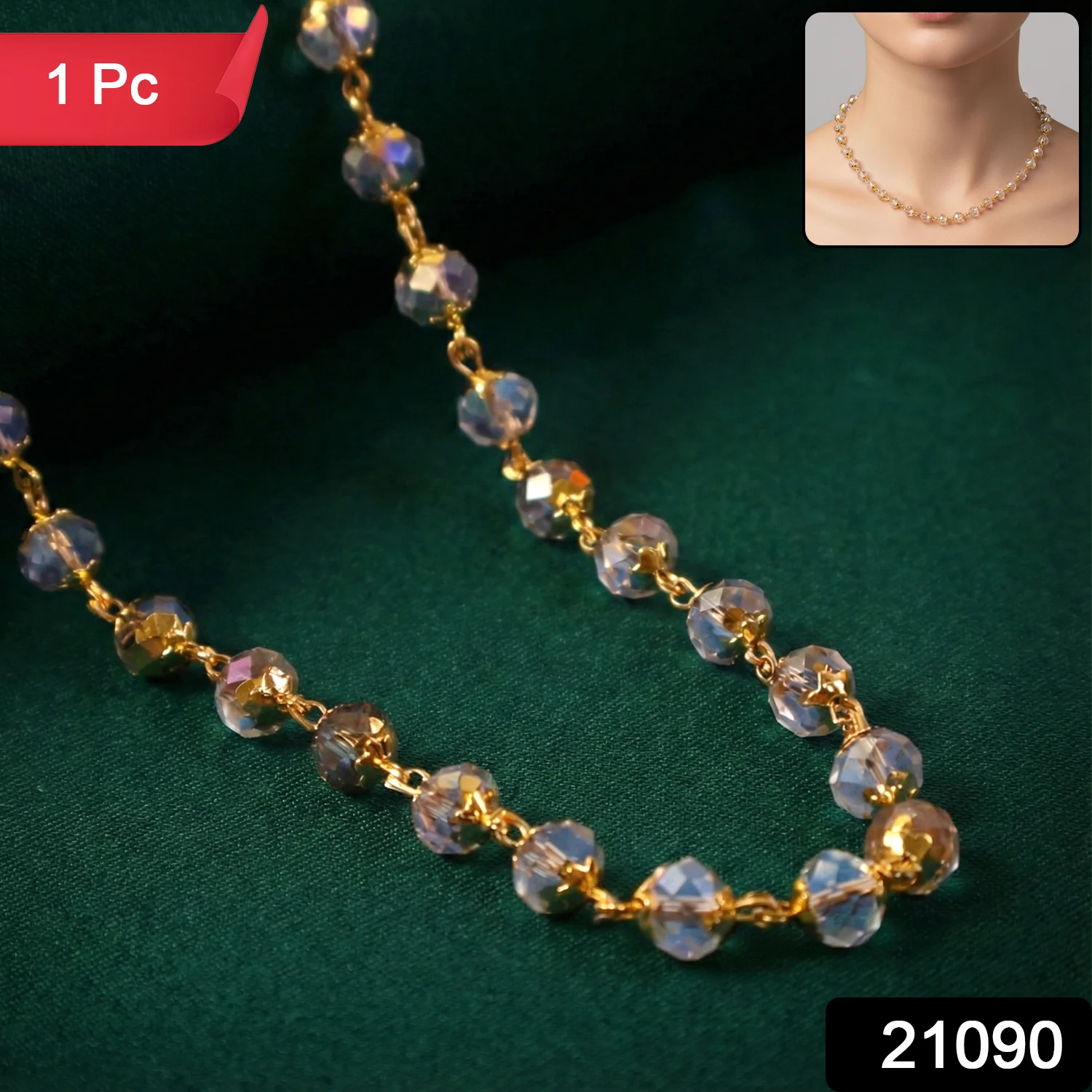 Elegant Gold-Tone Faceted Crystal Beaded Necklace (1 Pc) - Image 2