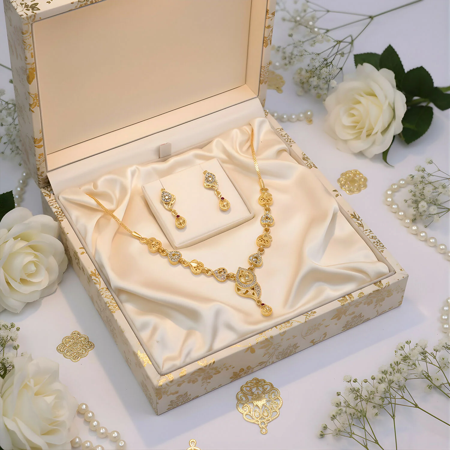 Elegant Gold-Tone Heart Motif Necklace Set with Designer Pendant & Matching Drop Earrings - Image 3