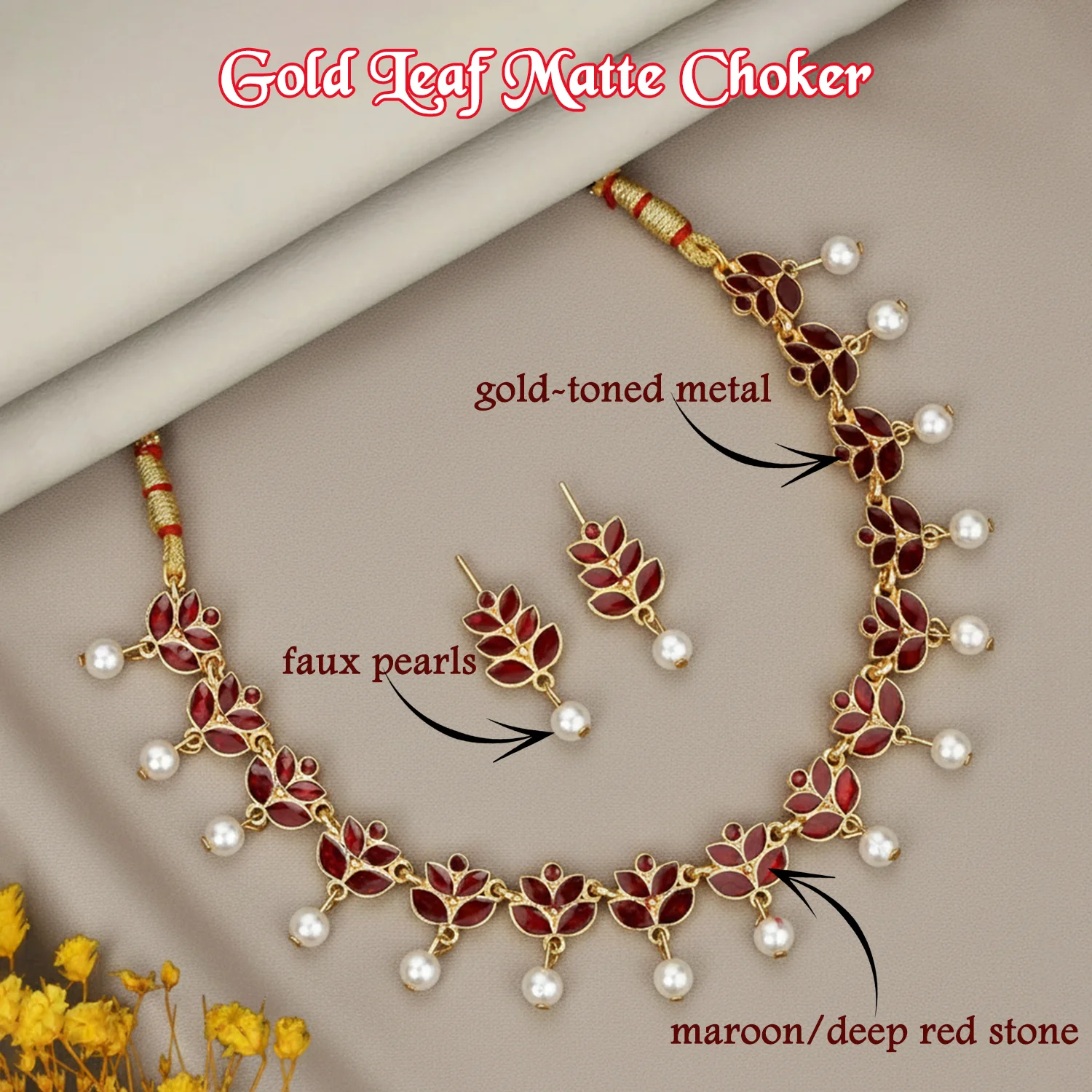 Elegant Gold-Tone Matte Leaf Motif Choker with Faux Pearls - Image 4