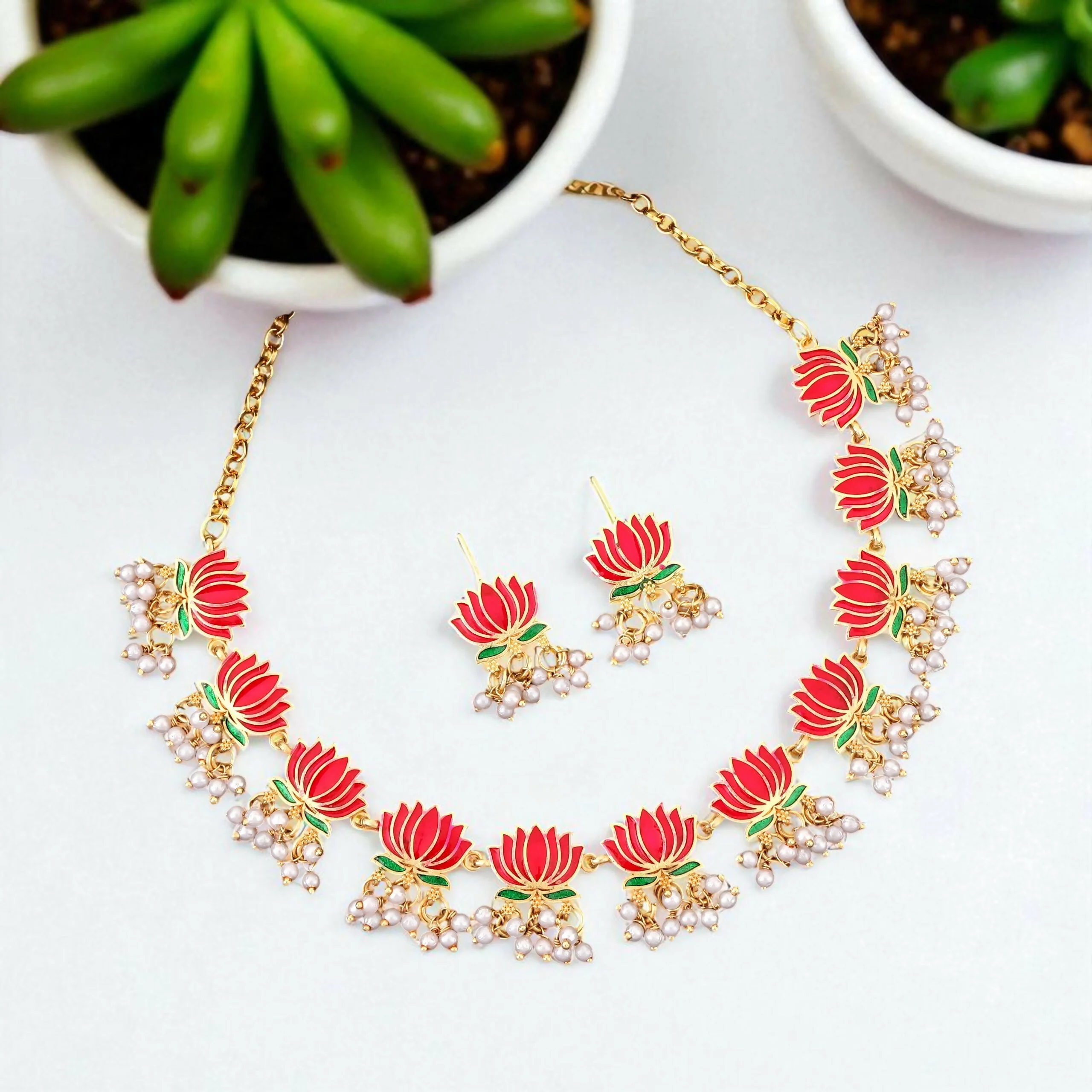 Elegant Gold-Toned Emerald & American Diamond Vine Necklace Set - Image 3