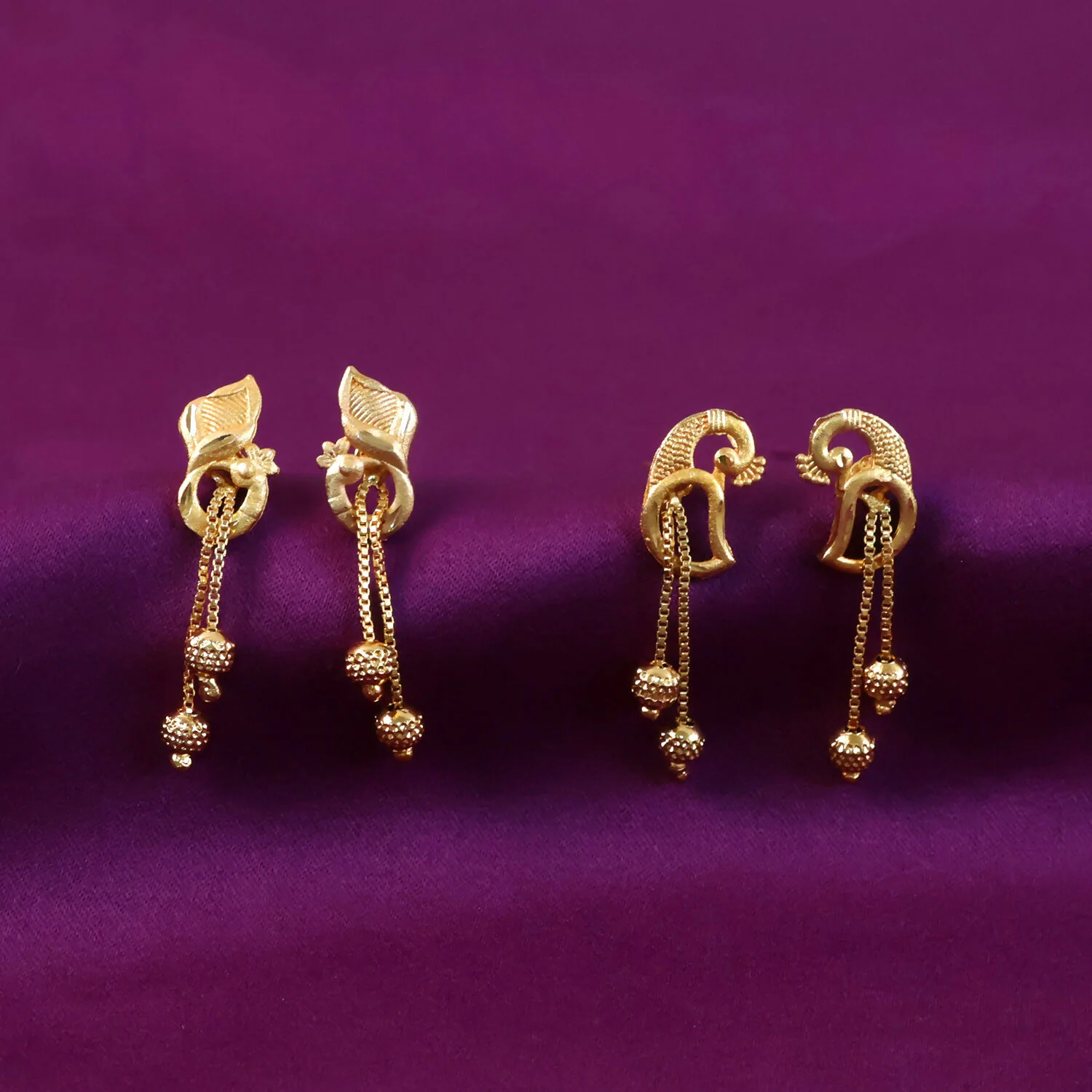 Elegant Gold-Toned Ethnic Earrings Set with Floral Peacock Design & Beads (2 Pair) - Image 2
