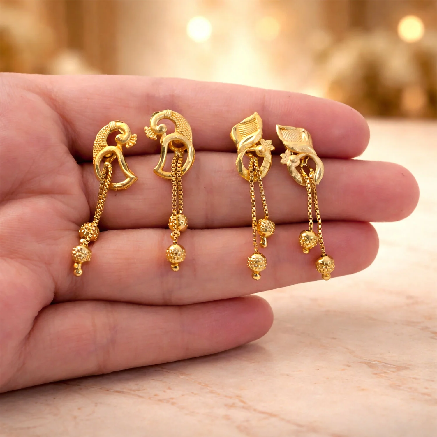 Elegant Gold-Toned Ethnic Earrings Set with Floral Peacock Design & Beads (2 Pair) - Image 3