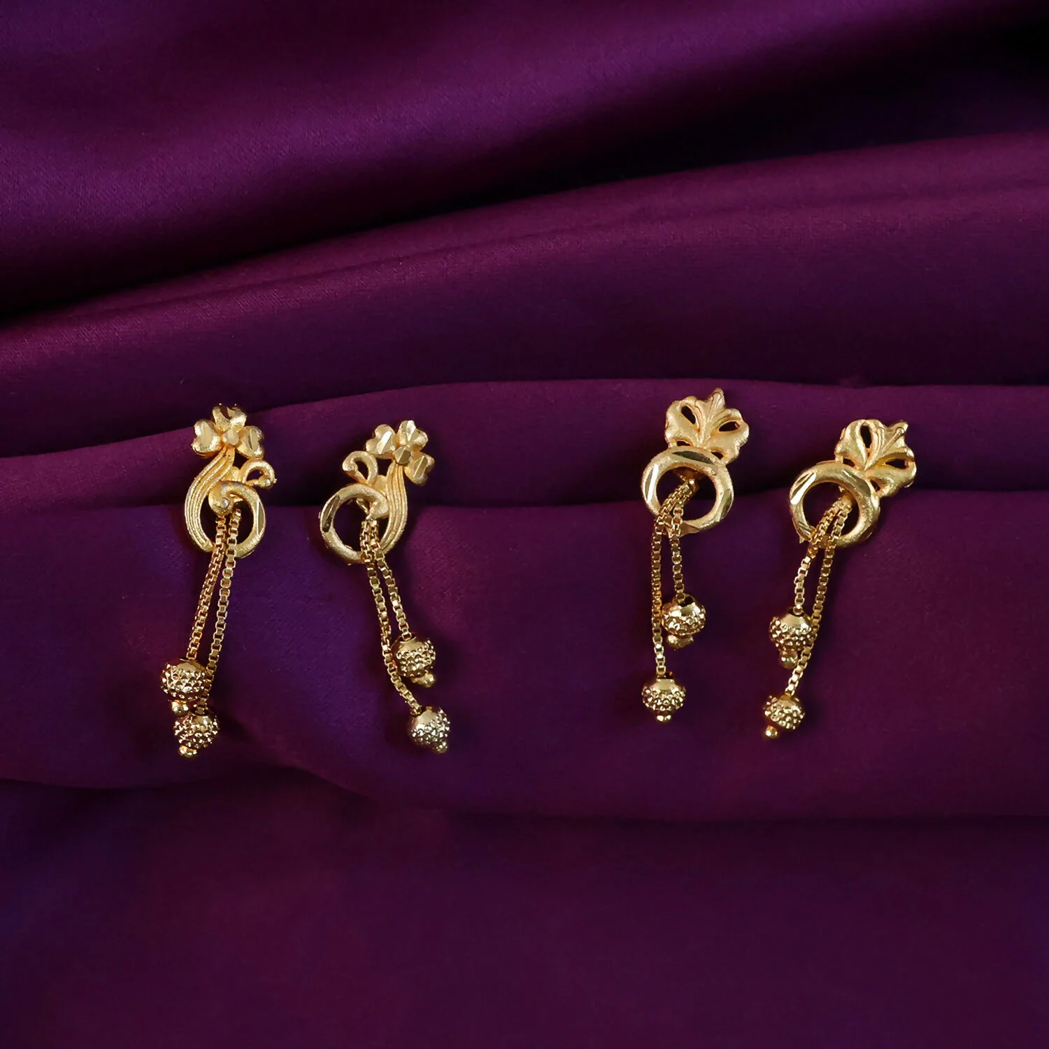 Elegant Gold-Toned Floral Drop Earrings Set with Chain Danglers & Beads (2 Pair) - Image 2