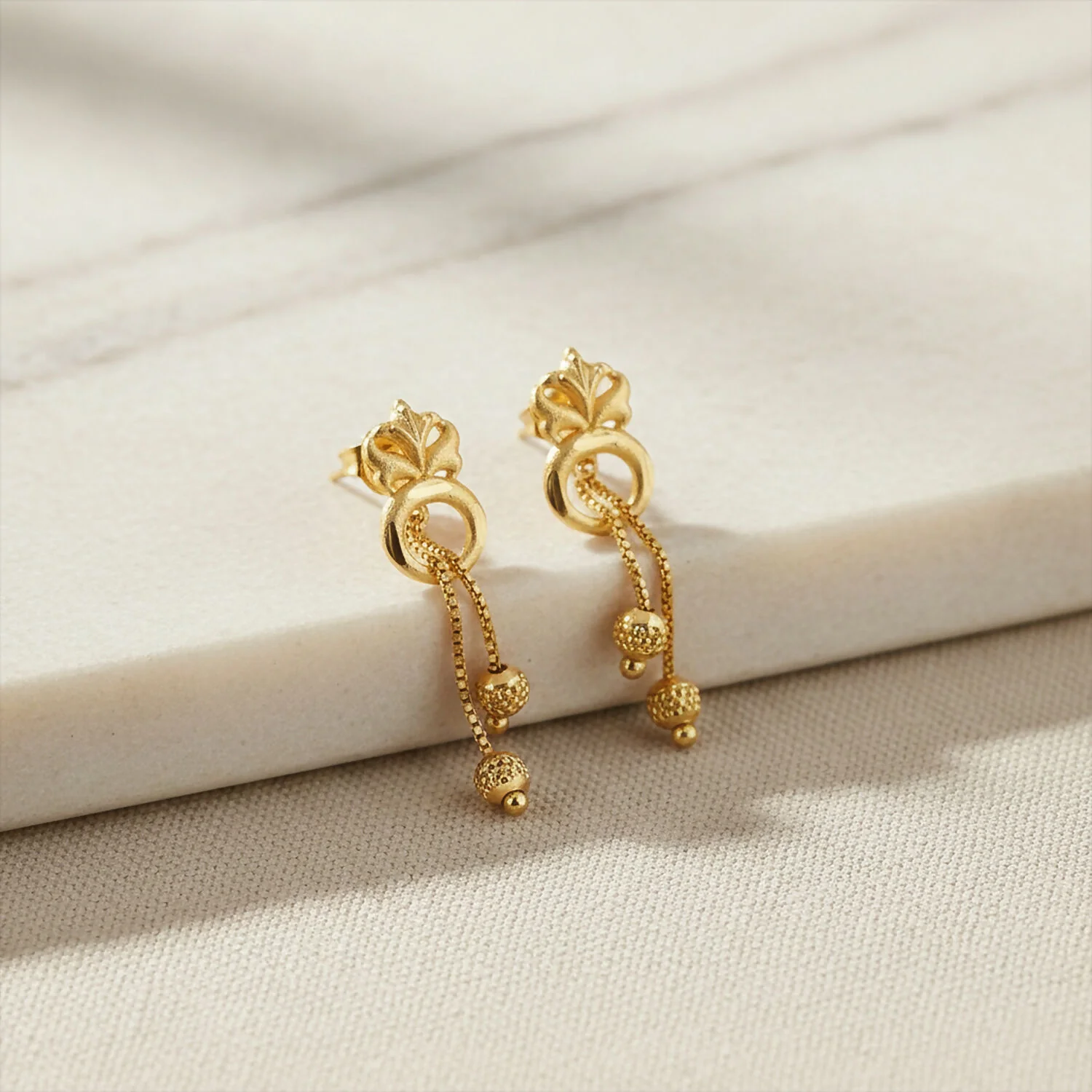 Elegant Gold-Toned Floral Drop Earrings Set with Chain Danglers & Beads (2 Pair) - Image 3