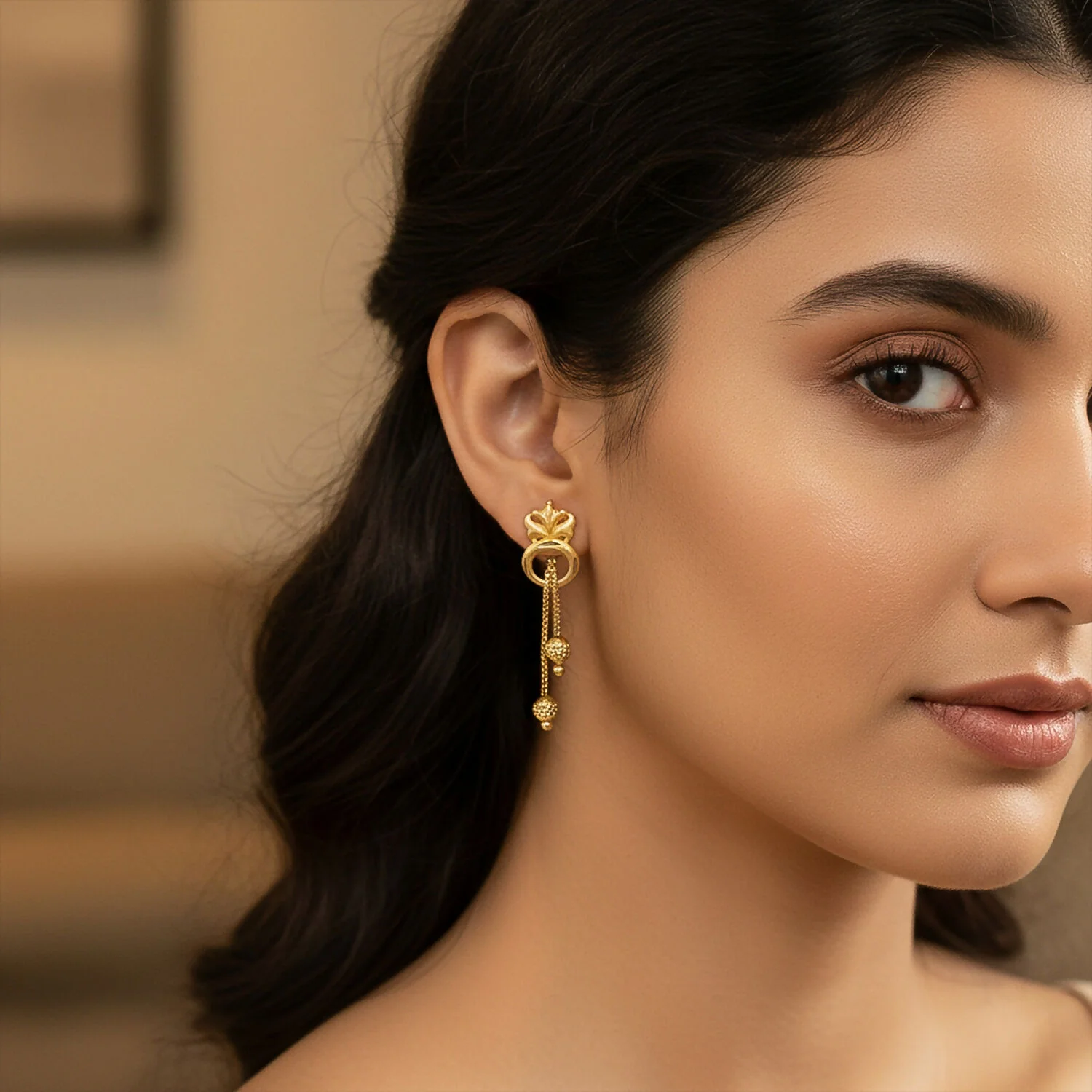 Elegant Gold-Toned Floral Drop Earrings Set with Chain Danglers & Beads (2 Pair) - Image 4