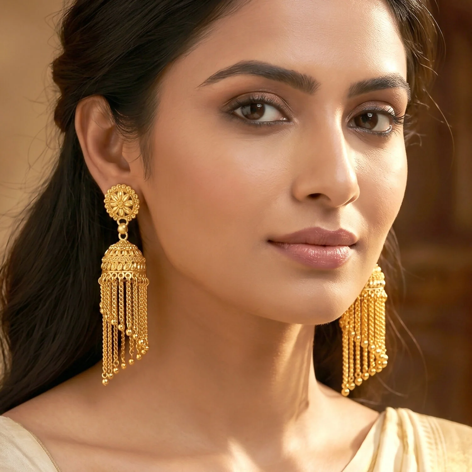 Elegant Golden Jhumka Earrings with Beaded Chain Tassels - Image 2