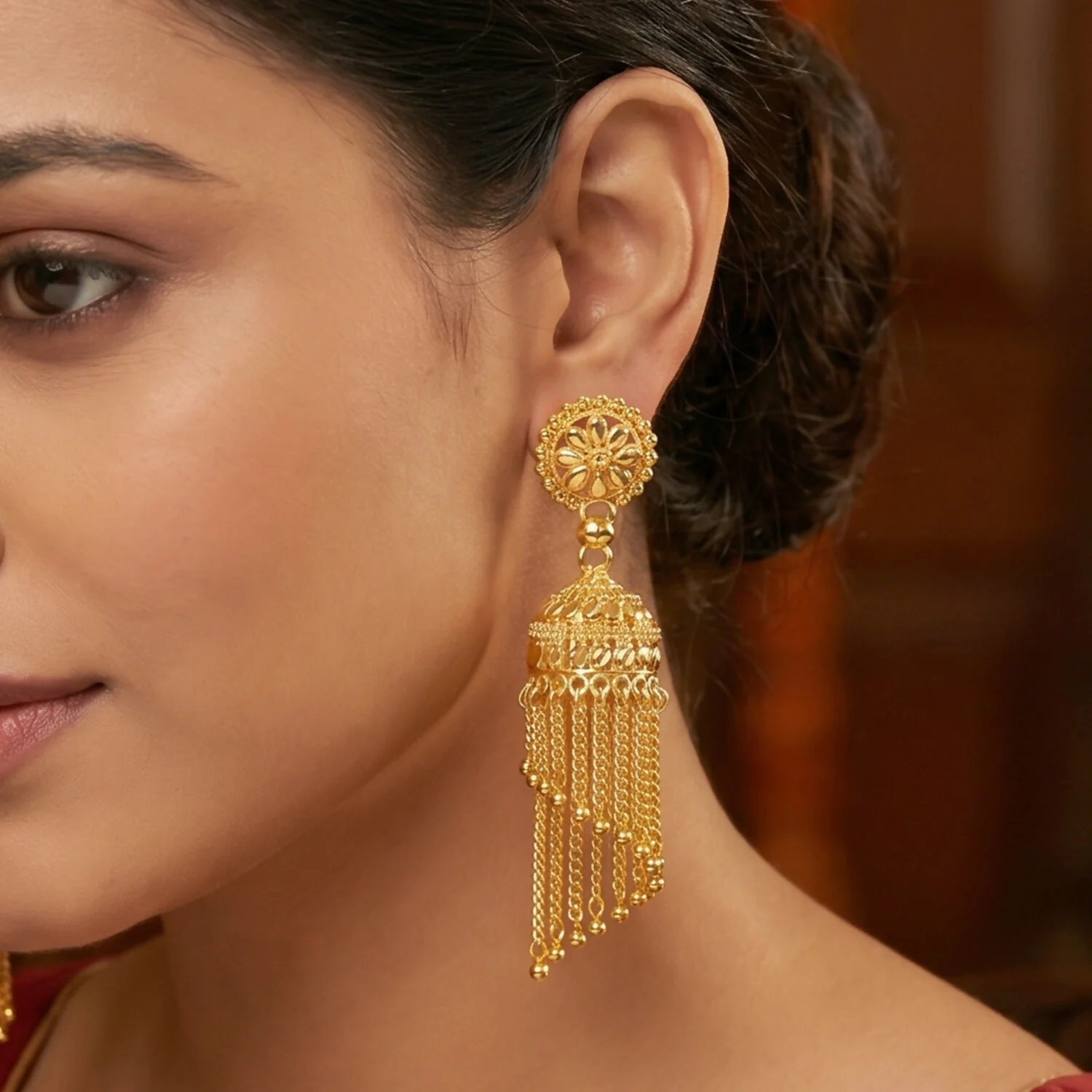 Elegant Golden Jhumka Earrings with Beaded Chain Tassels - Image 3