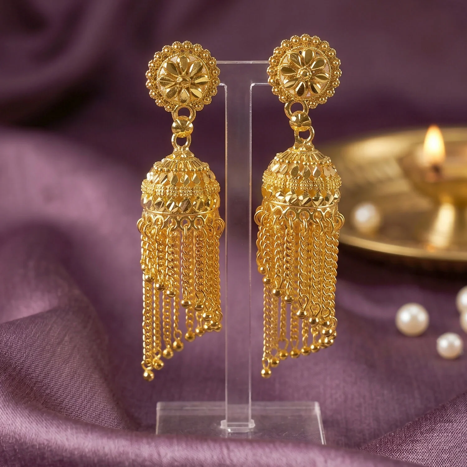 Elegant Golden Jhumka Earrings with Beaded Chain Tassels - Image 4