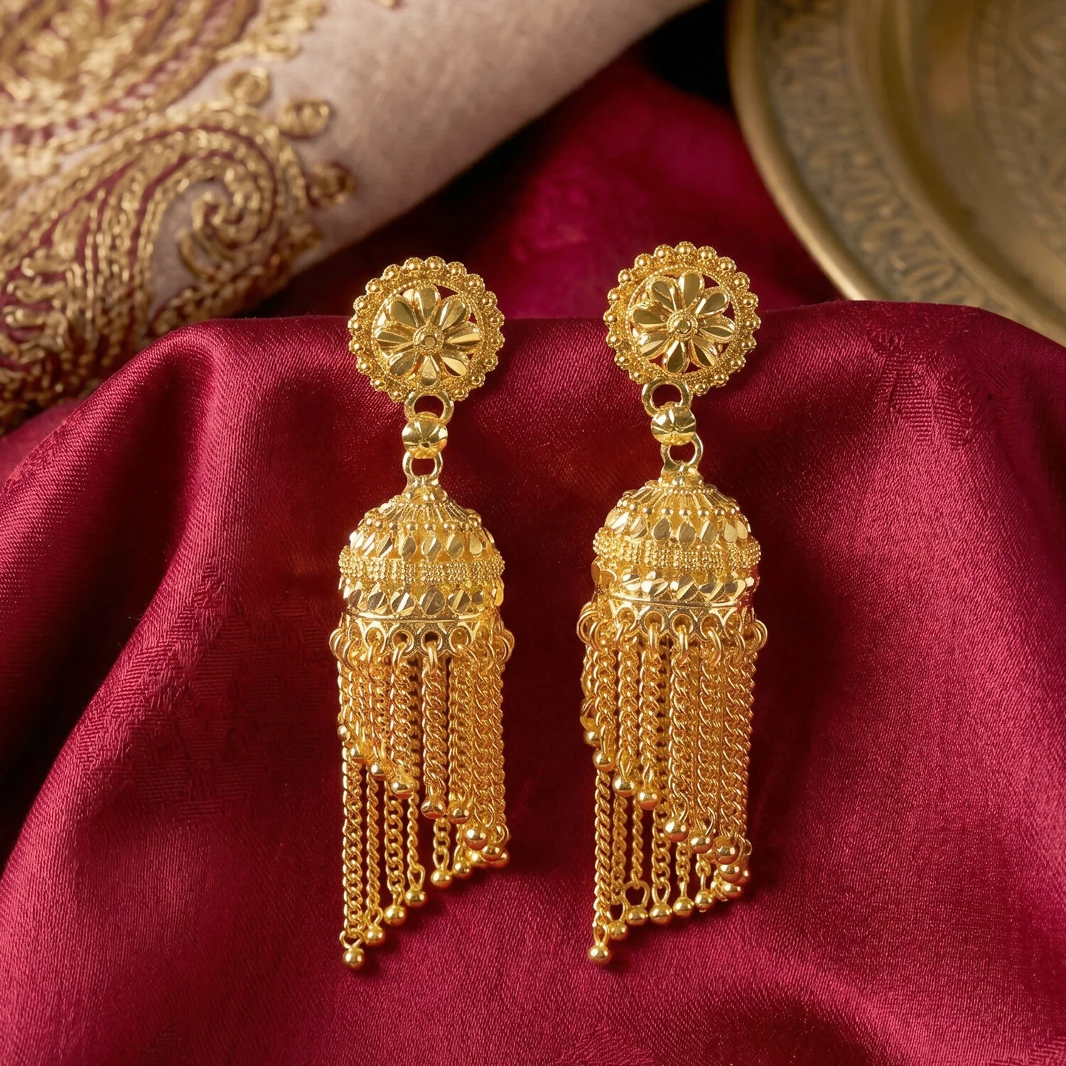 Elegant Golden Jhumka Earrings with Beaded Chain Tassels - Image 5