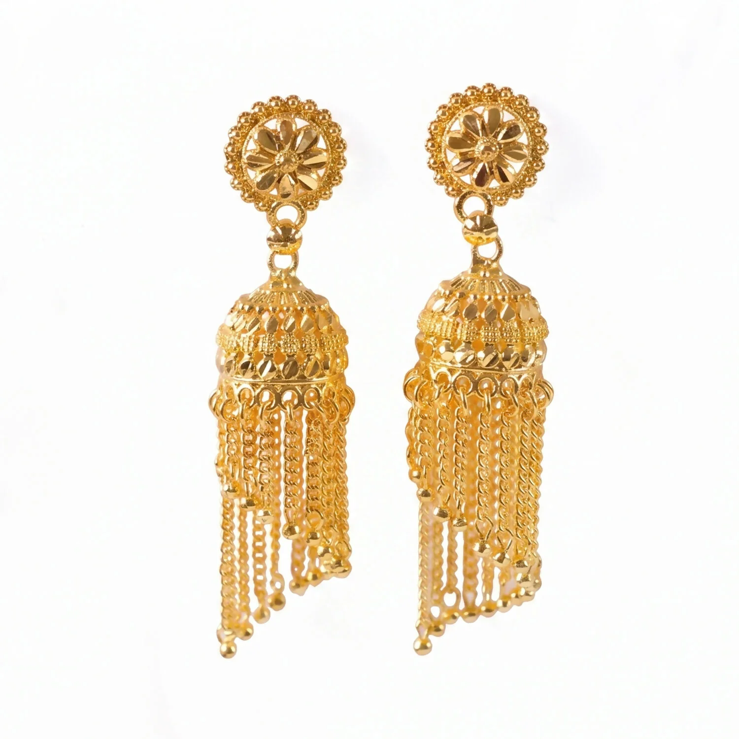 Elegant Golden Jhumka Earrings with Beaded Chain Tassels - Image 6