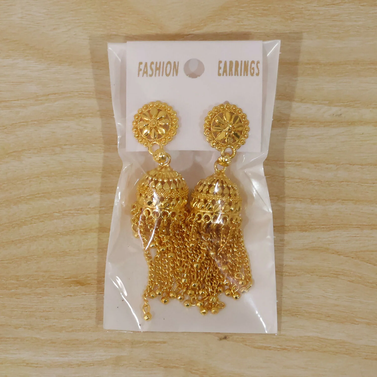 Elegant Golden Jhumka Earrings with Beaded Chain Tassels - Image 7