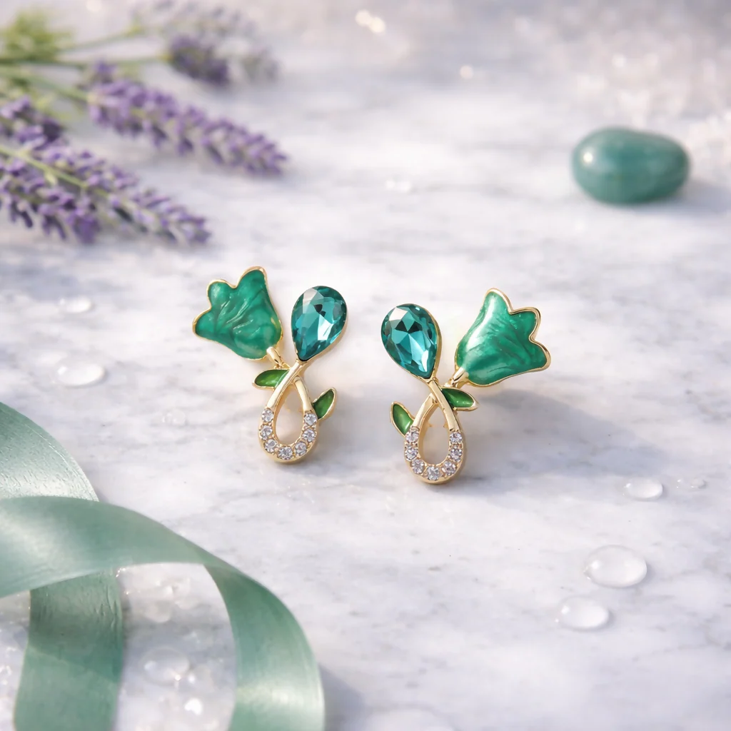 Elegant Green Floral Stud Earrings for Women | Gold Plated Crystal Design - Image 2