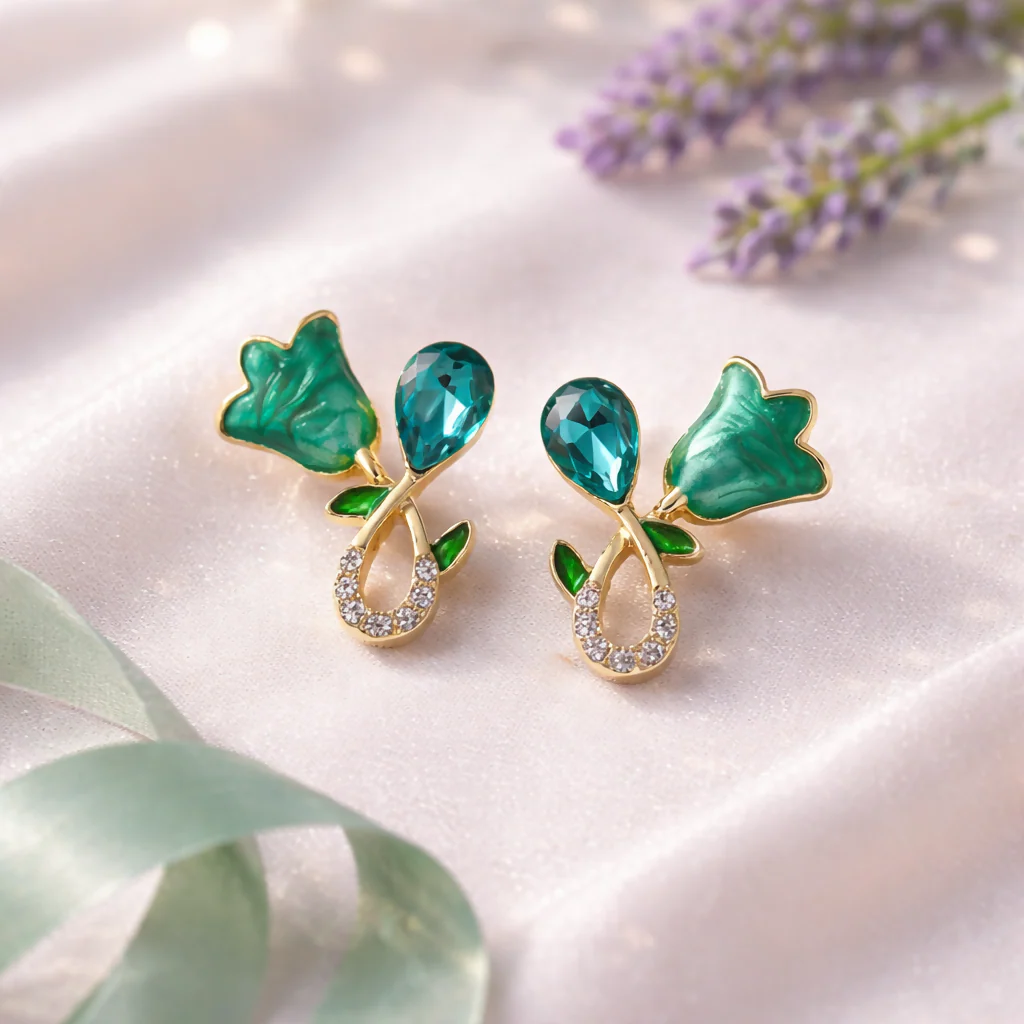 Elegant Green Floral Stud Earrings for Women | Gold Plated Crystal Design - Image 3