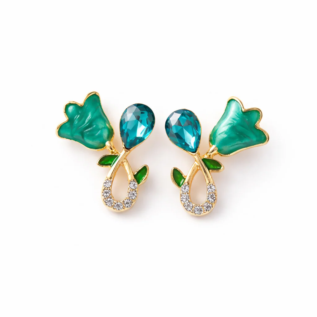Elegant Green Floral Stud Earrings for Women | Gold Plated Crystal Design - Image 4