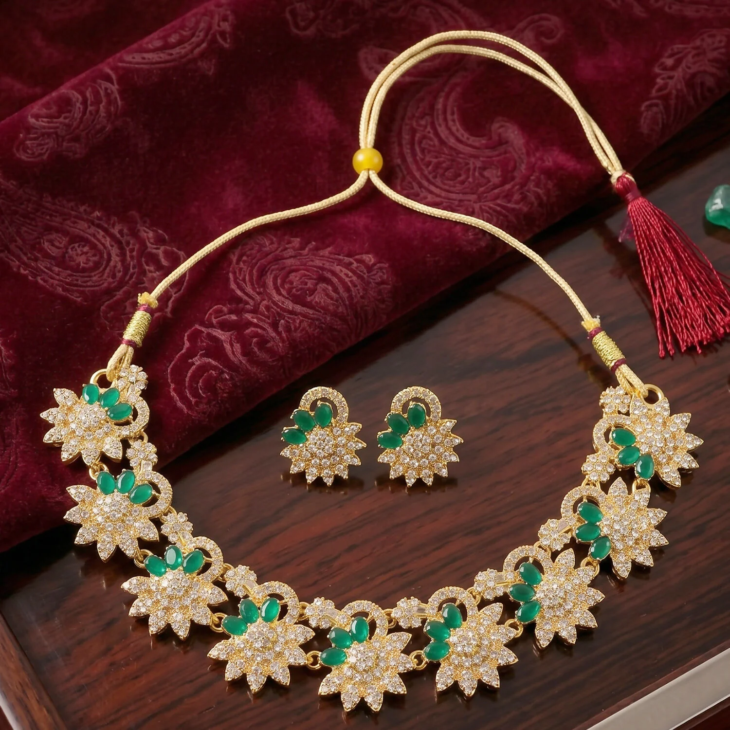 Elegant Gold Plated Necklace & Earrings Set with Green Stones - Image 2