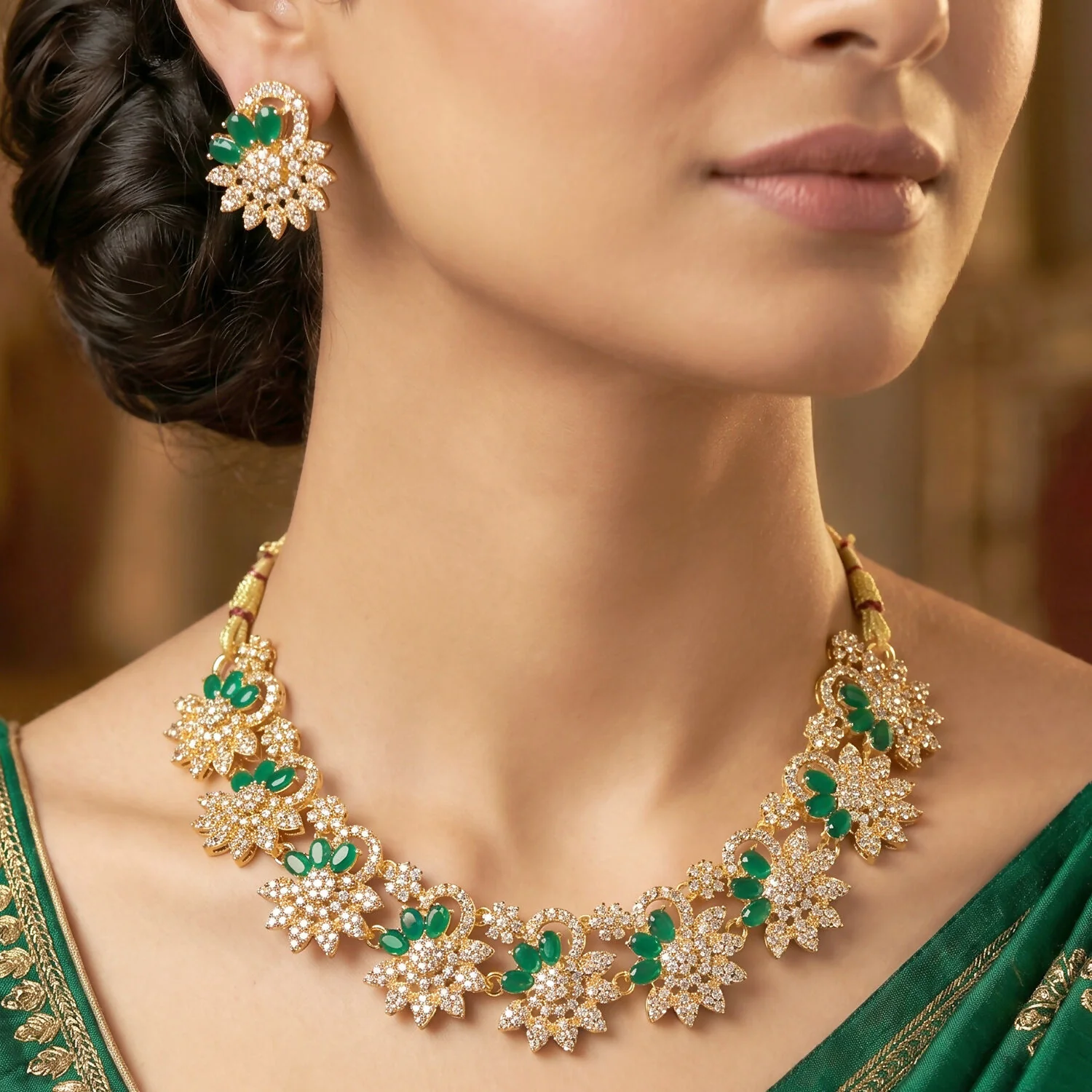 Elegant Gold Plated Necklace & Earrings Set with Green Stones - Image 3