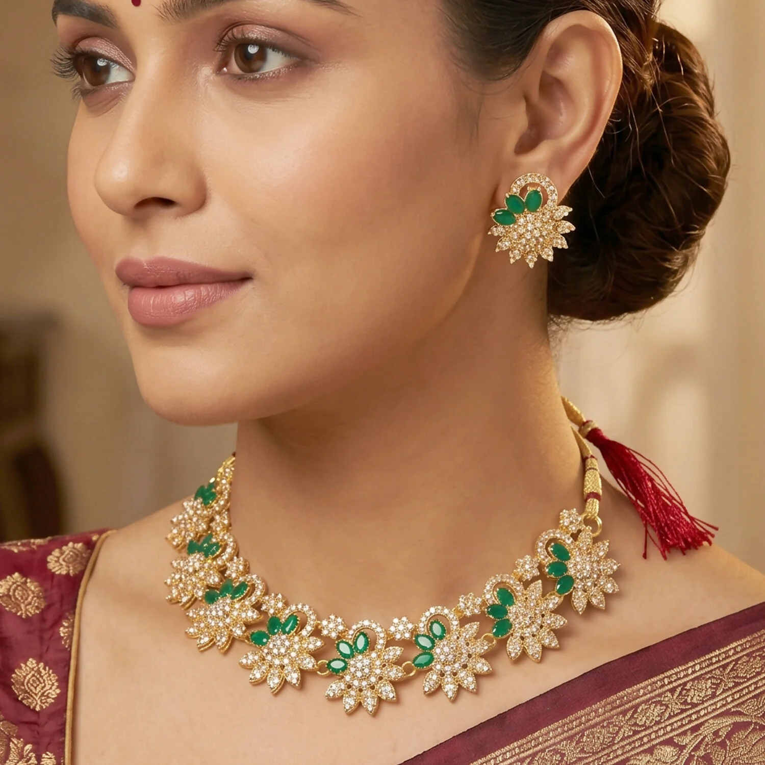 Elegant Gold Plated Necklace & Earrings Set with Green Stones - Image 5