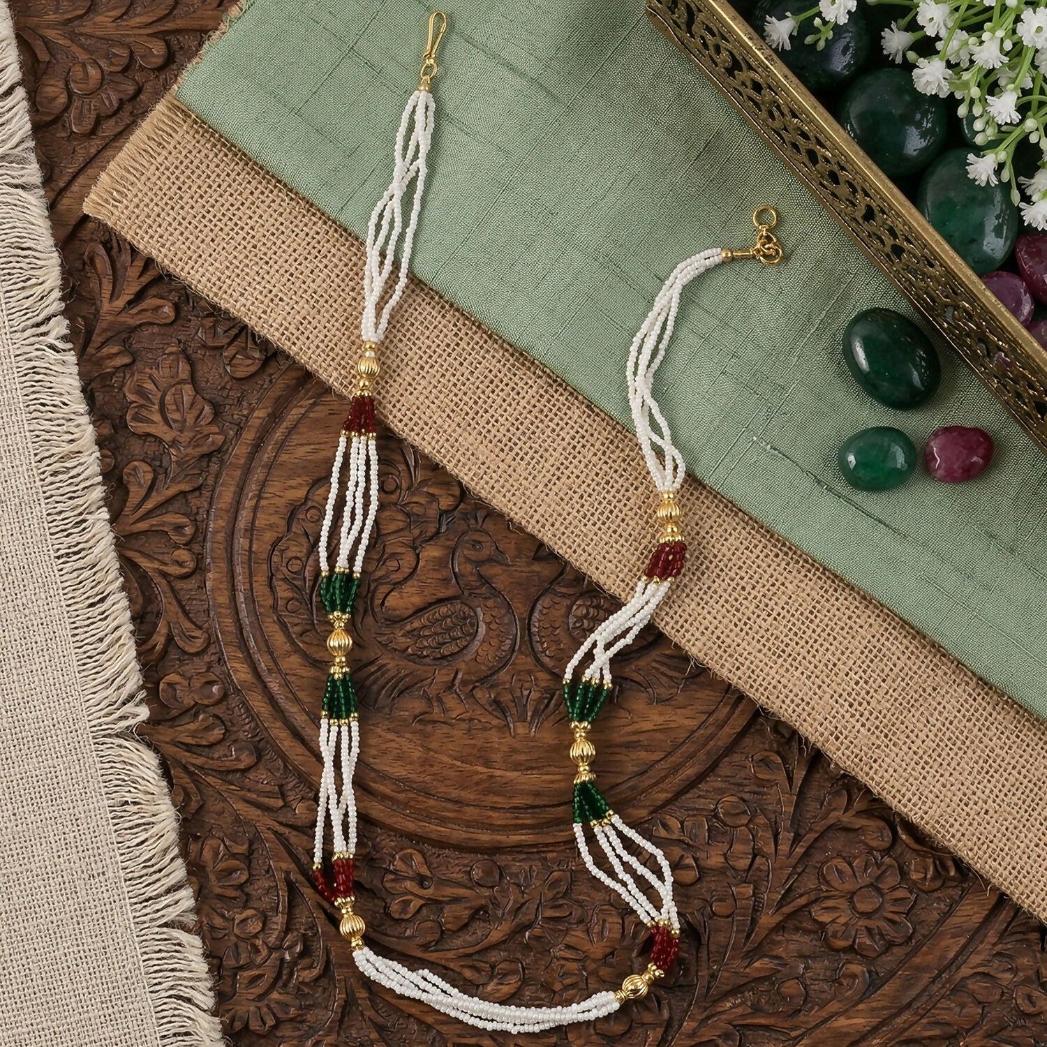 Elegant Handmade White Beaded Mala Necklace with Gold Accents for Women - Image 3