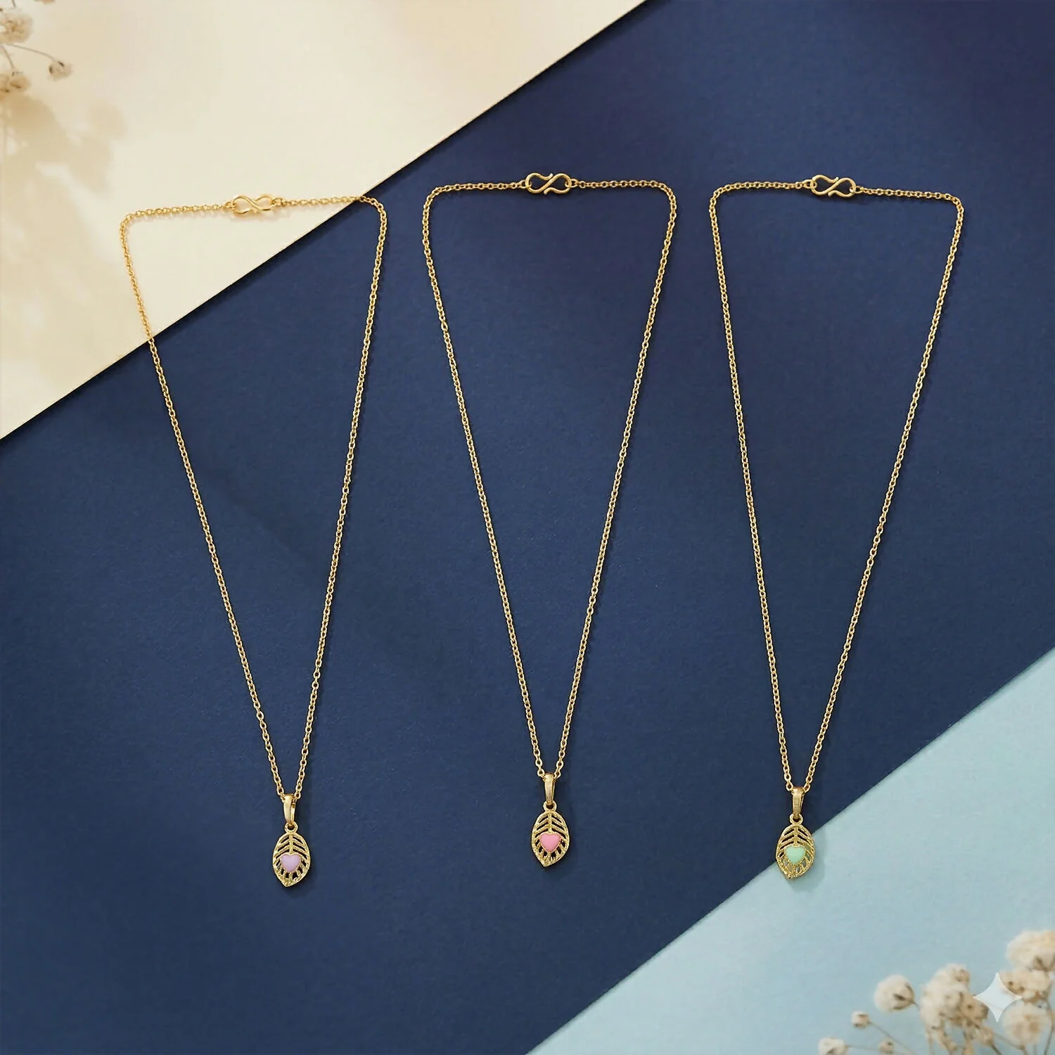 Elegant Heart Leaf Gold Pendant Necklaces with Enamel Detail - Image 2