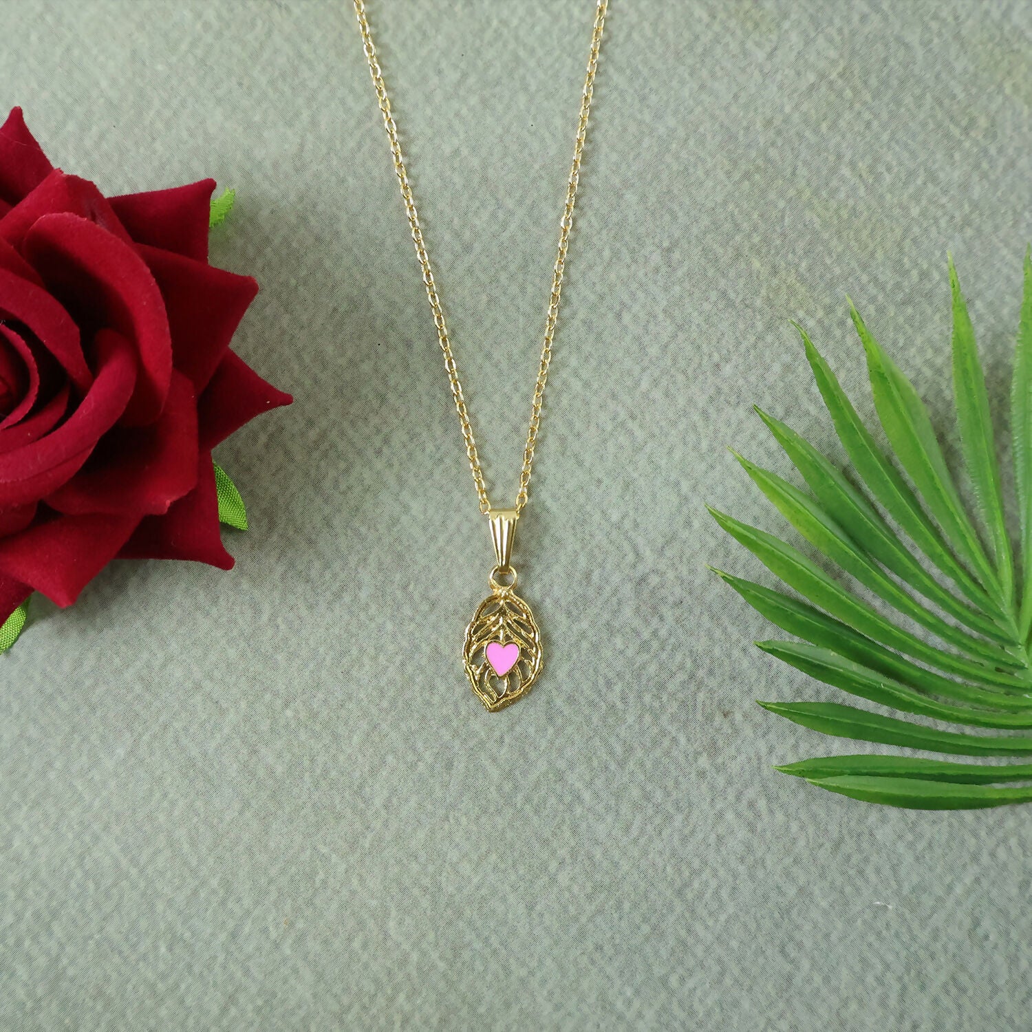 Elegant Heart Leaf Gold Pendant Necklaces with Enamel Detail - Image 4