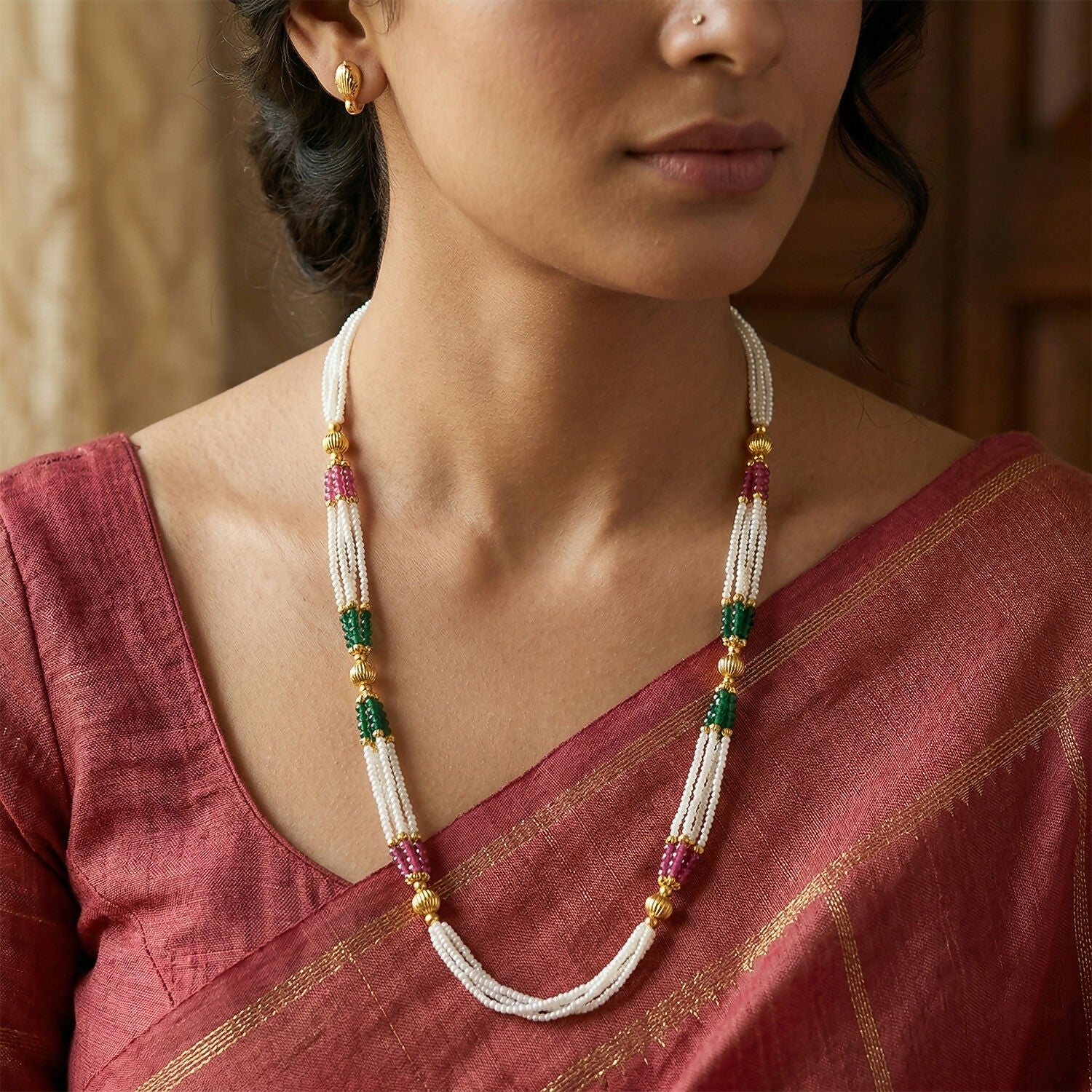 Elegant Multi Color Beaded Traditional Mala with Gold Accents for Women - Image 2