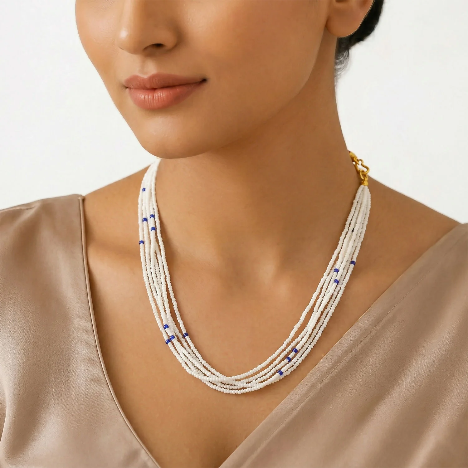 Elegant Multi-Layer Pearl Beaded Mala Necklace with Blue Accent Detailing - Image 3