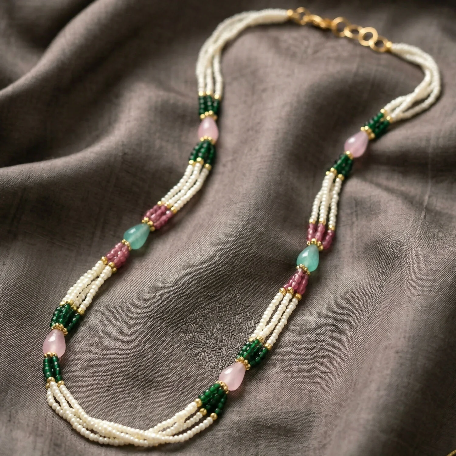 Elegant Multi-Layer Pearl Beaded Necklace with Green, Pink & Pastel Stone Accents - Image 2