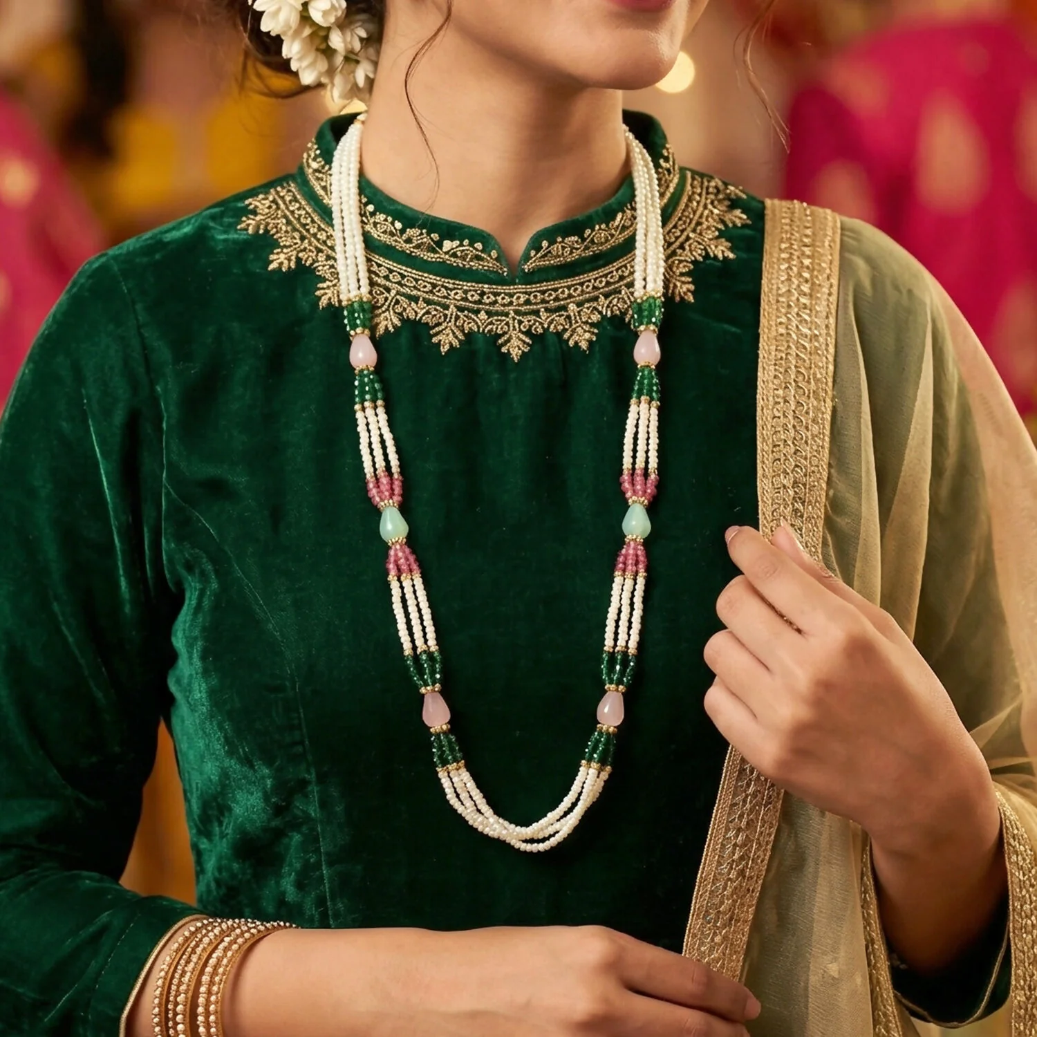 Elegant Multi-Layer Pearl Beaded Necklace with Green, Pink & Pastel Stone Accents - Image 3