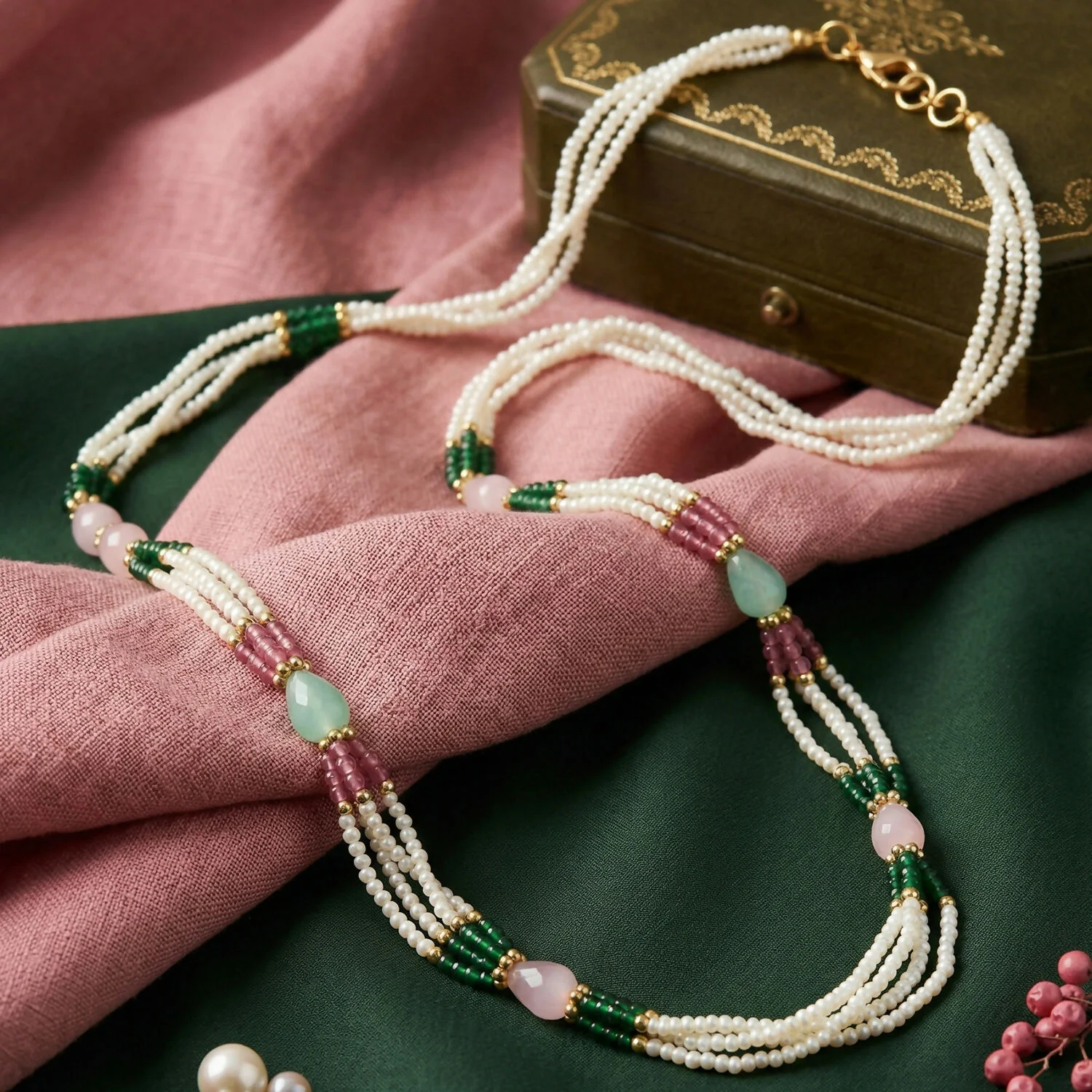 Elegant Multi-Layer Pearl Beaded Necklace with Green, Pink & Pastel Stone Accents - Image 4