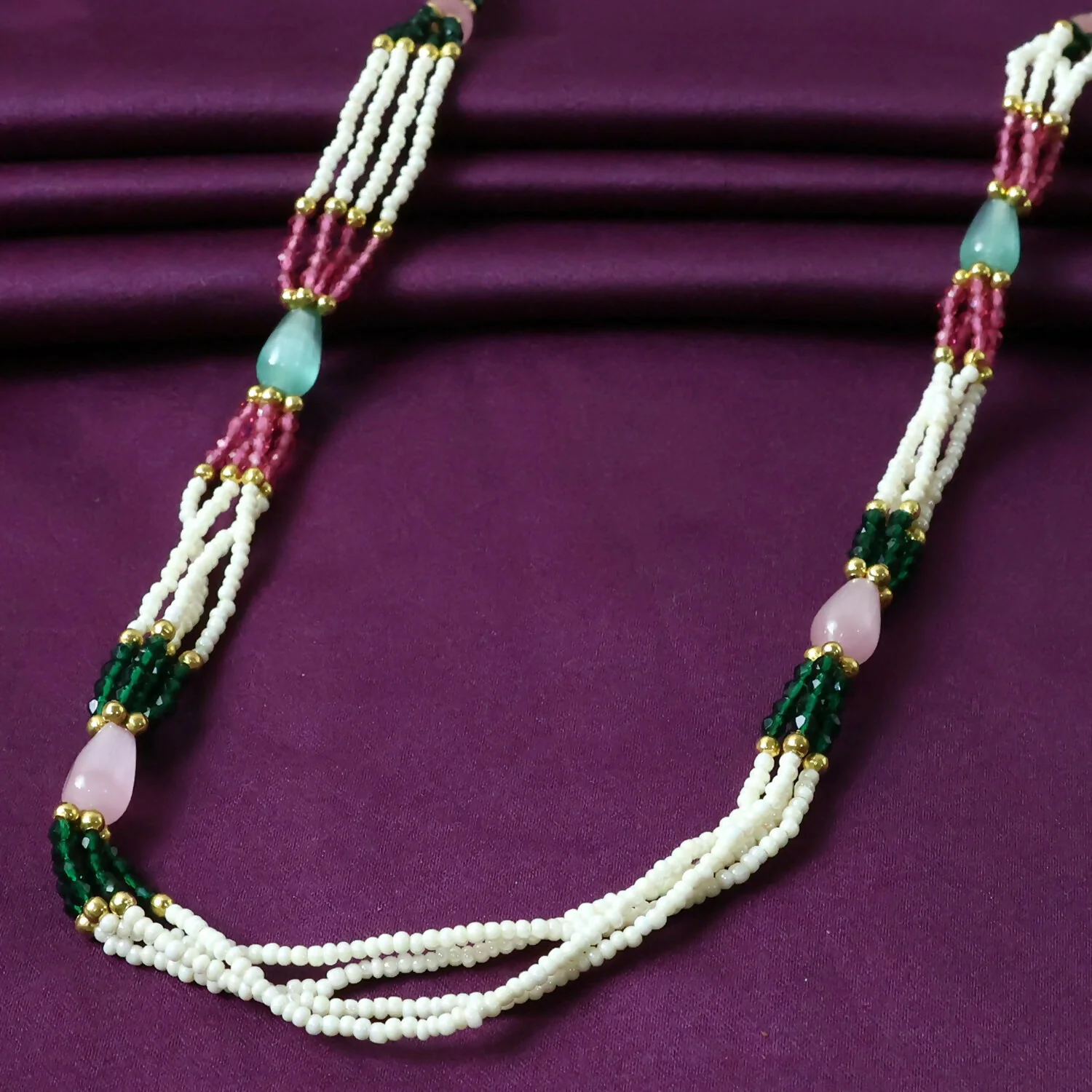 Elegant Multi-Layer Pearl Beaded Necklace with Green, Pink & Pastel Stone Accents - Image 5