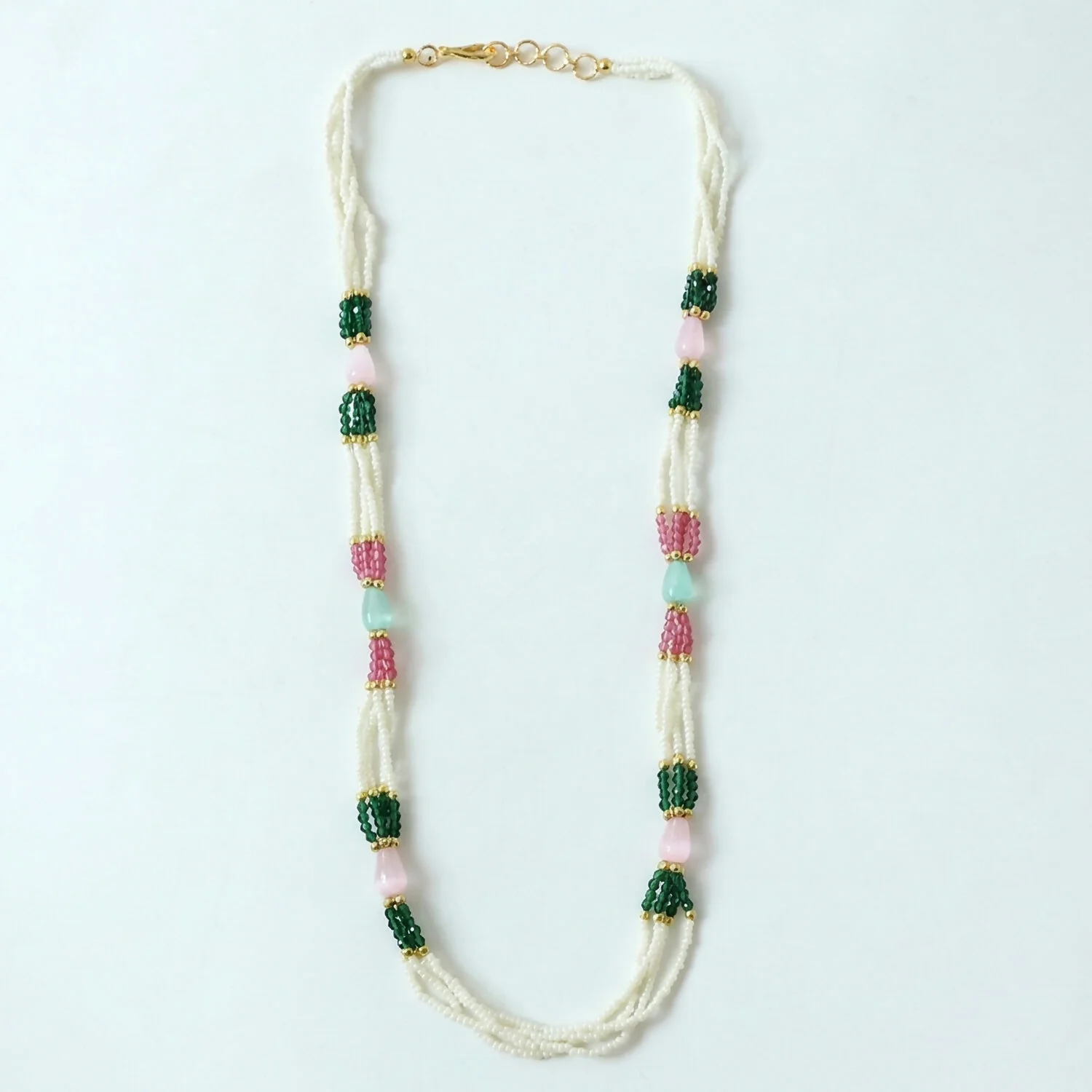 Elegant Multi-Layer Pearl Beaded Necklace with Green, Pink & Pastel Stone Accents - Image 6
