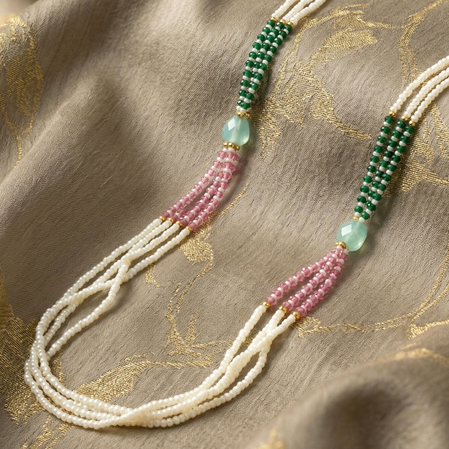 Elegant Multi-Layer Pearl Beaded Necklace with Green, Pink & Pastel Stone Accents - Image 2