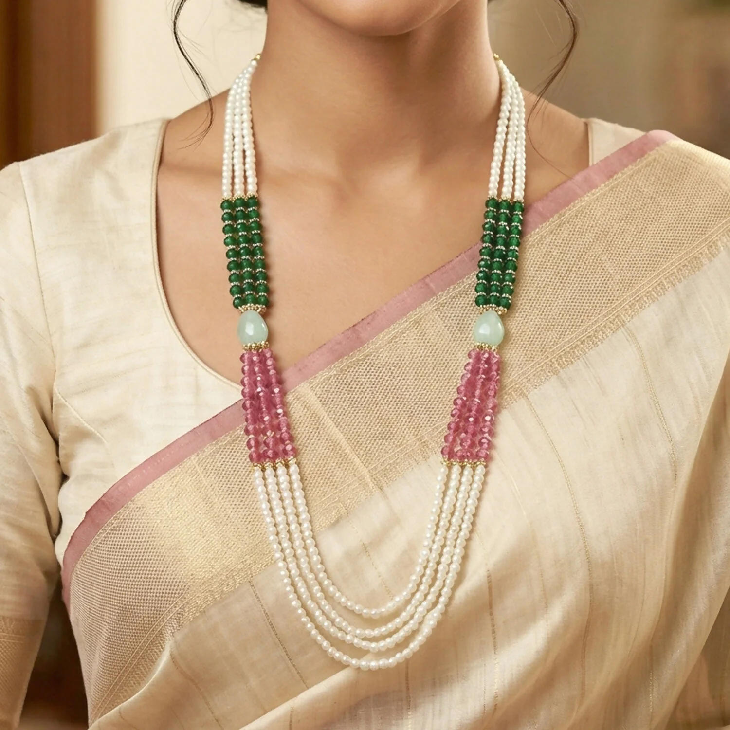 Elegant Multi-Layer Pearl Beaded Necklace with Green, Pink & Pastel Stone Accents - Image 3