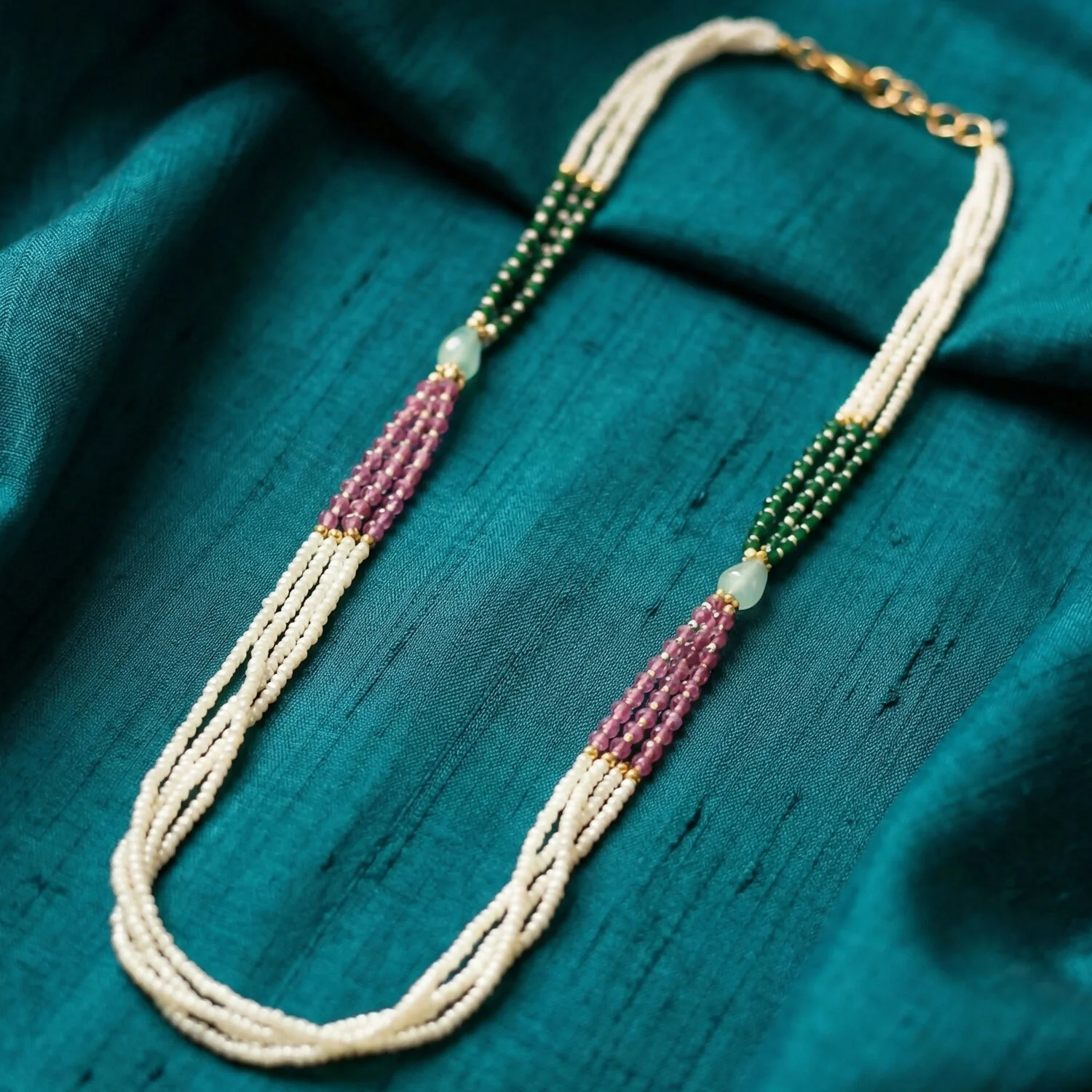 Elegant Multi-Layer Pearl Beaded Necklace with Green, Pink & Pastel Stone Accents - Image 4